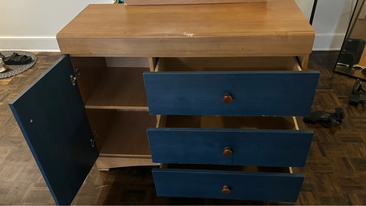 Wooden dresser with navy blue drawers and cabinet - photo 2