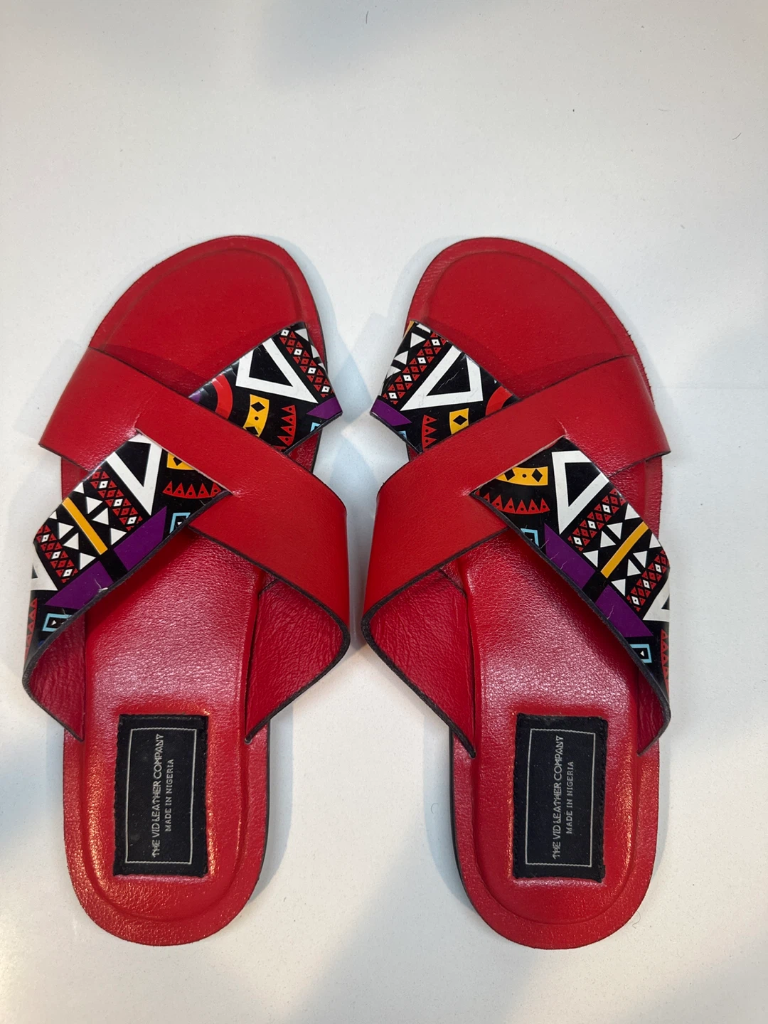 The VID LEATHER COMPANY Red Slide Sandals with Patterned Straps