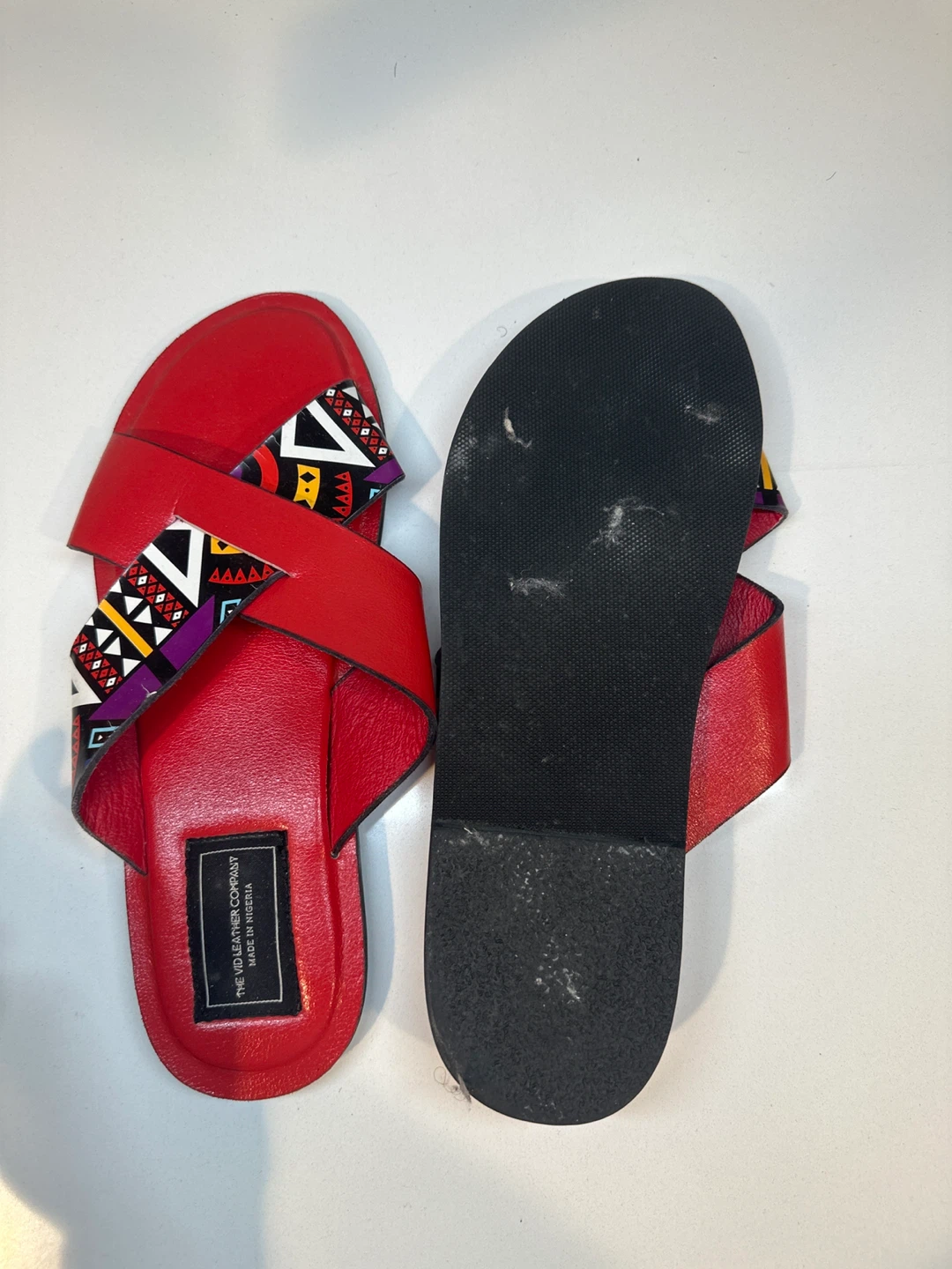 The VID LEATHER COMPANY Red Slide Sandals with Patterned Straps - photo 2