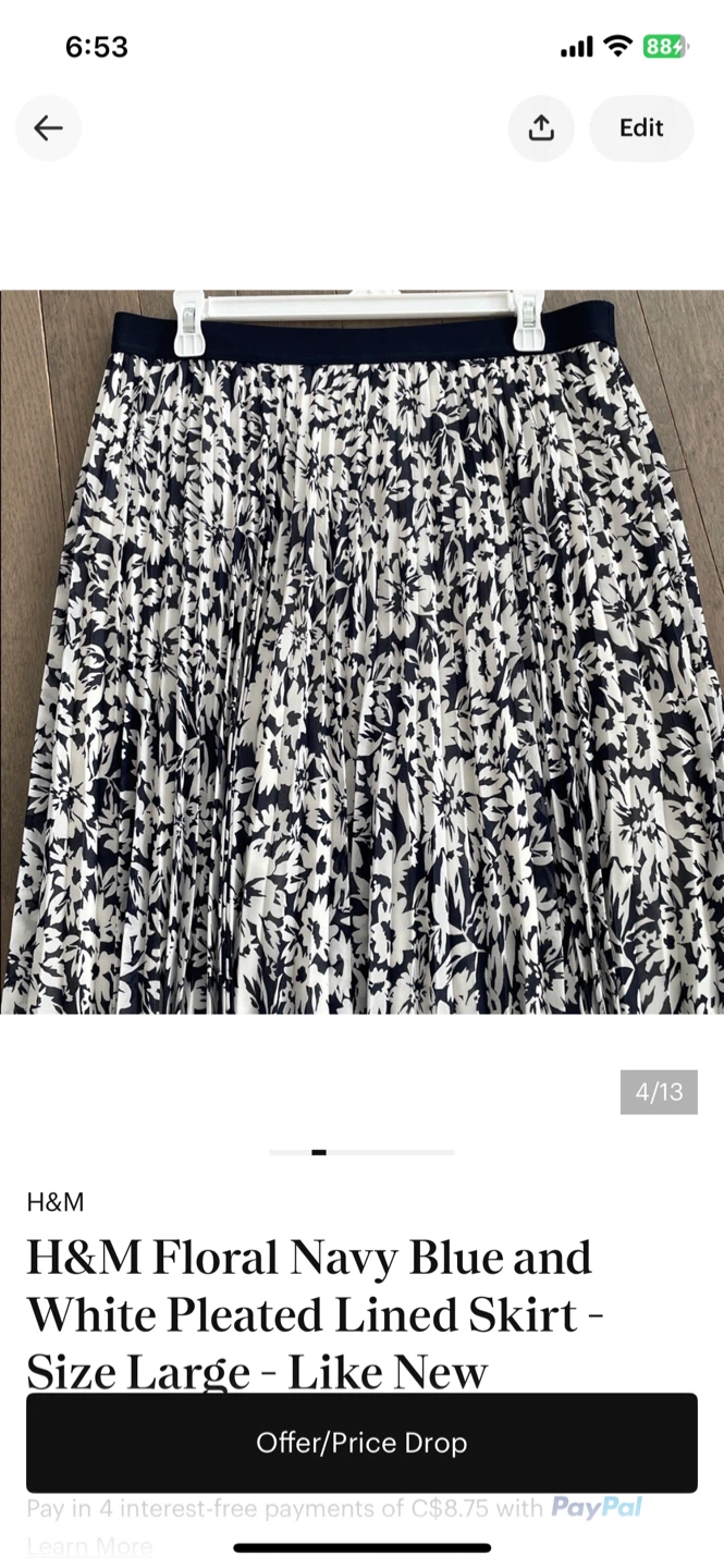 H&M Floral Navy Blue and White Pleated Lined Skirt - Size Large