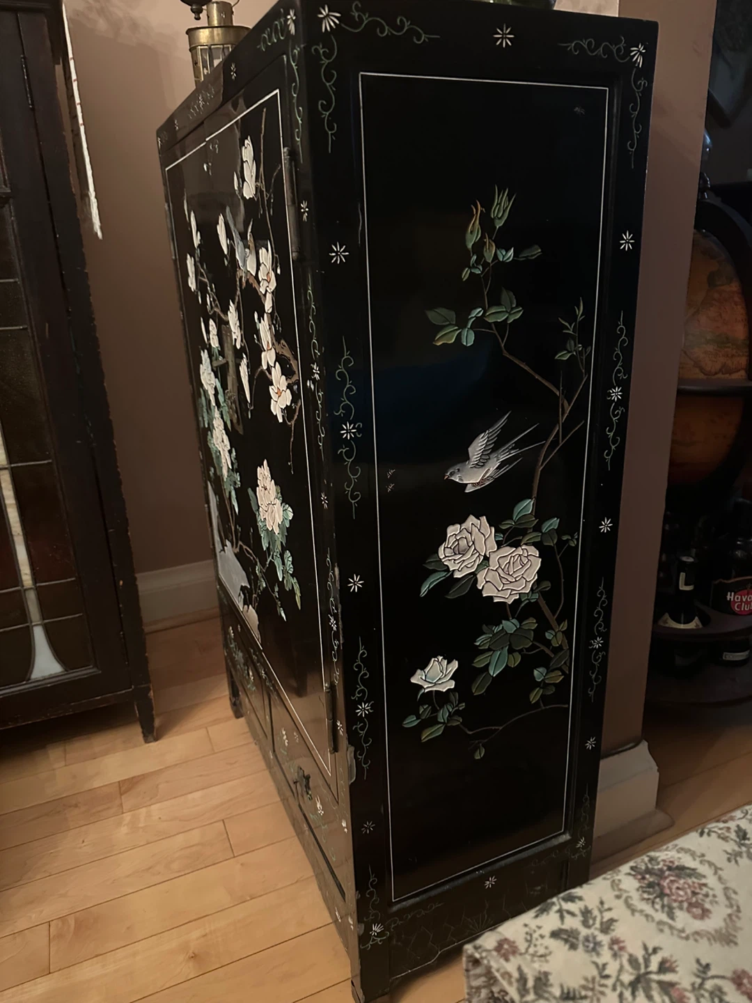 Black Lacquered Cabinet with Floral and Bird Motif - photo 2