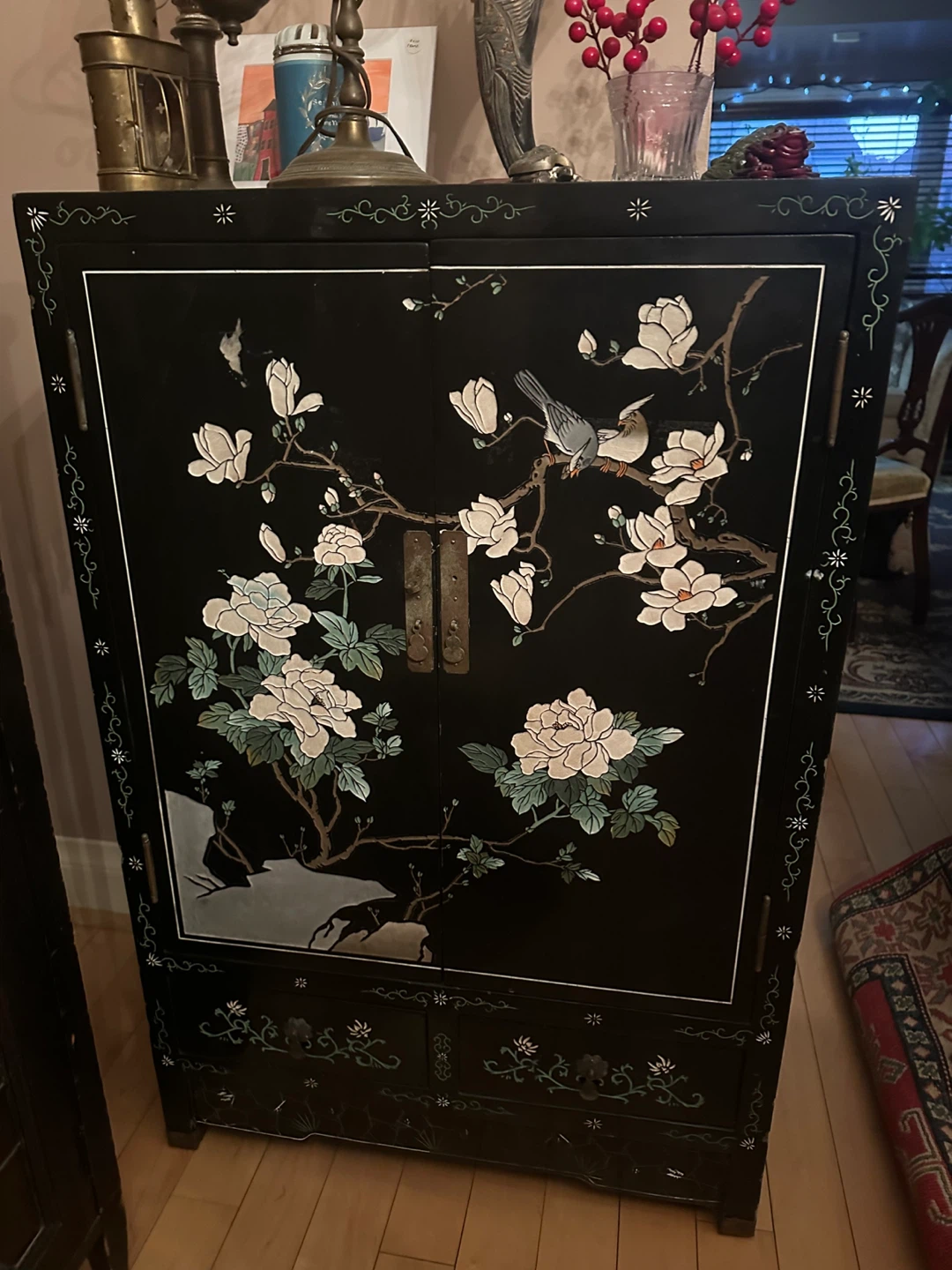 Black Lacquered Cabinet with Floral and Bird Motif