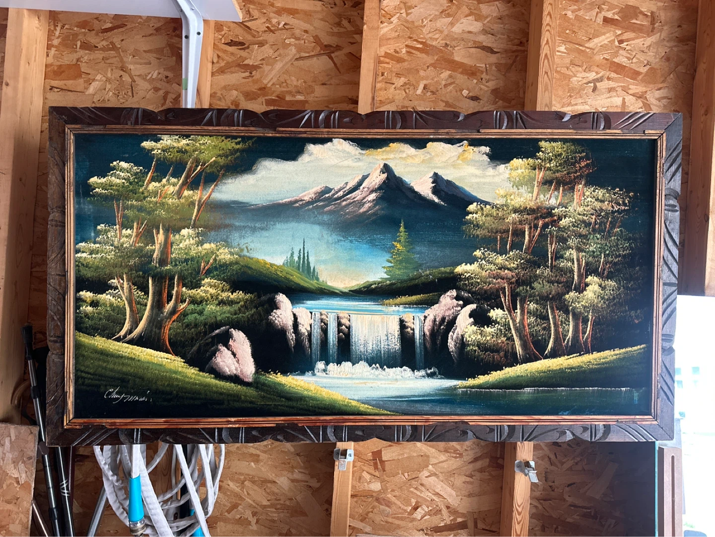 Framed Landscape Oil Painting with Waterfall and Mountains