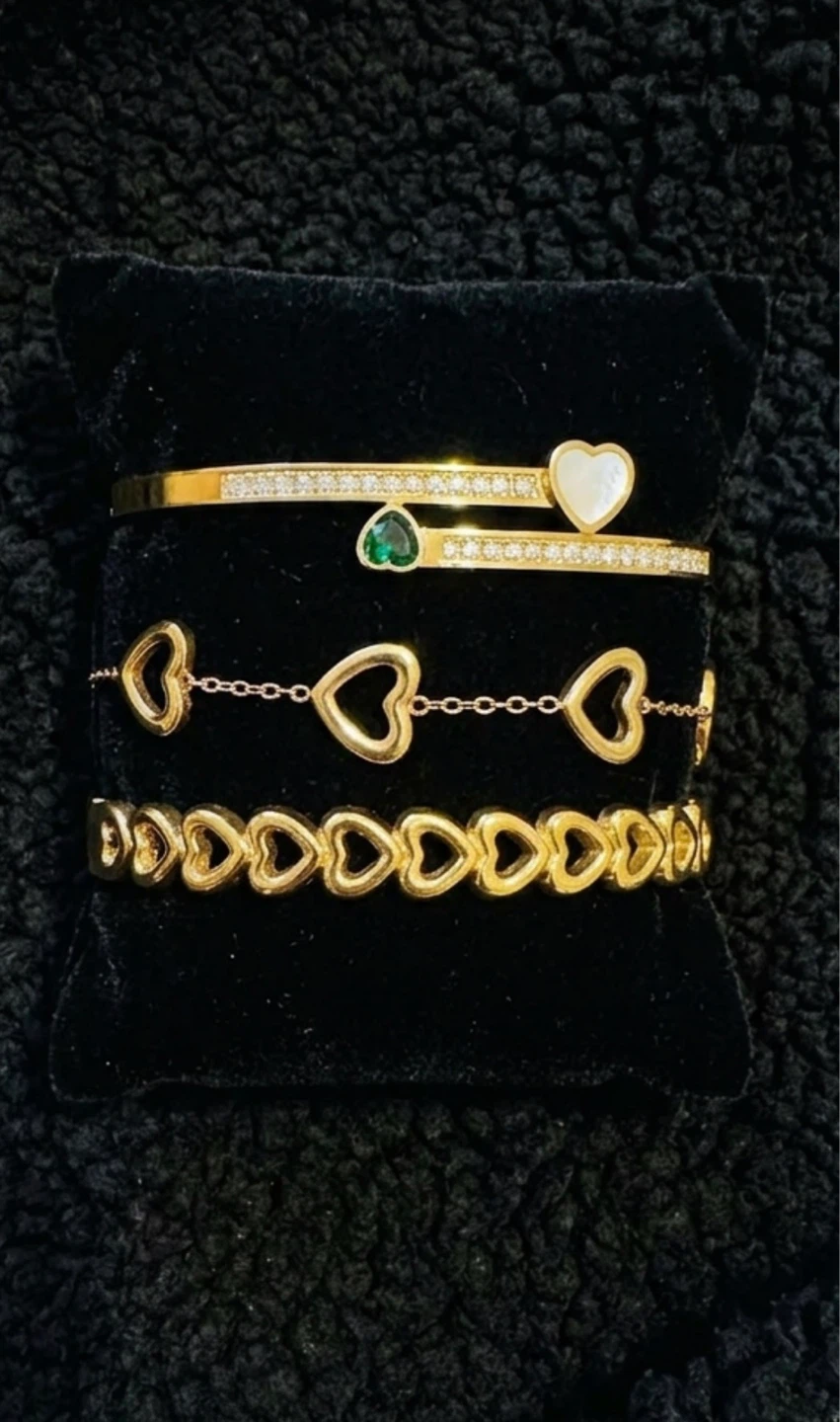 Gold Tone Bracelet Set with Hearts and Jewels