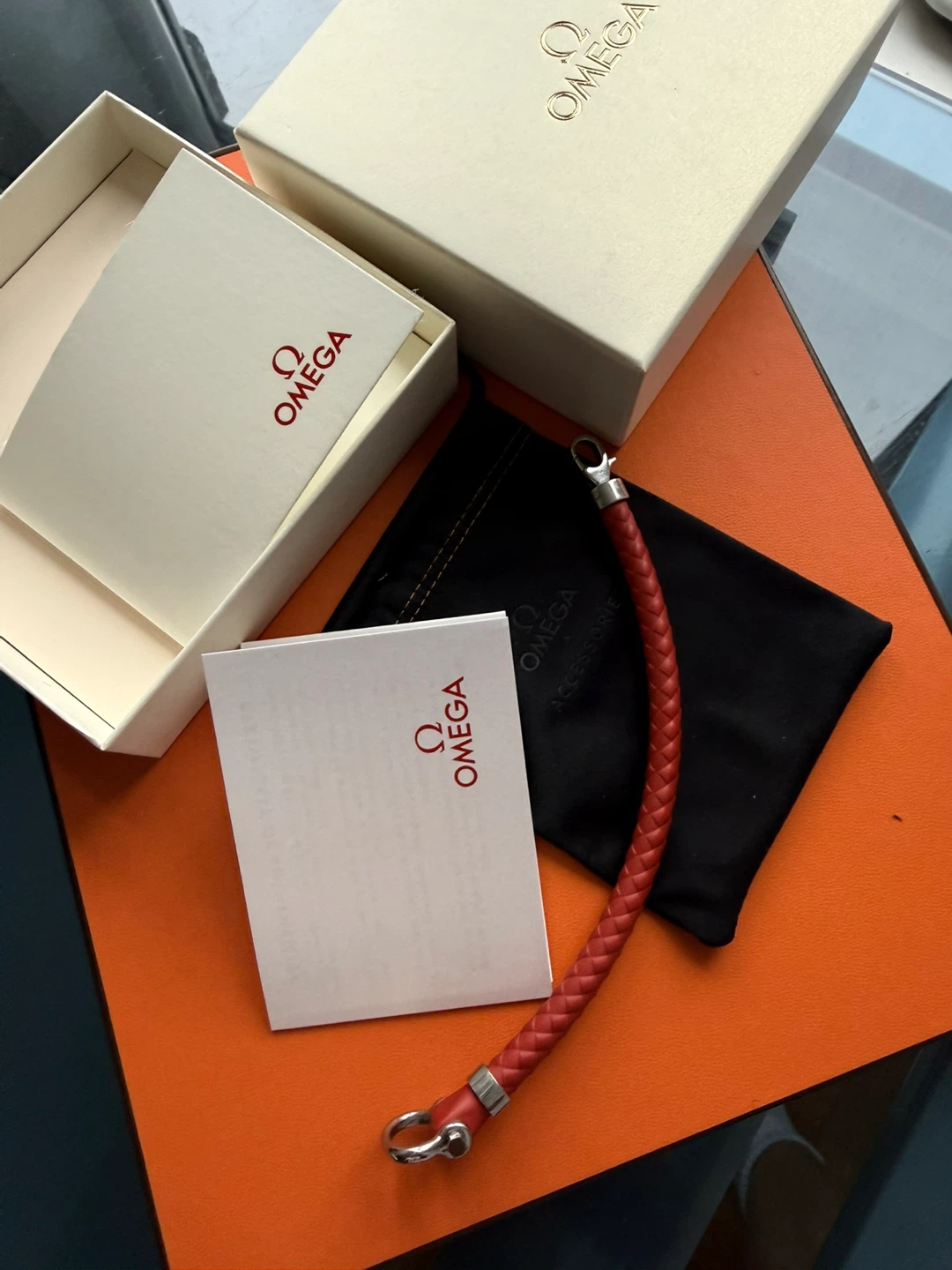 Omega Red Braided Leather Bracelet with Silver Clasp