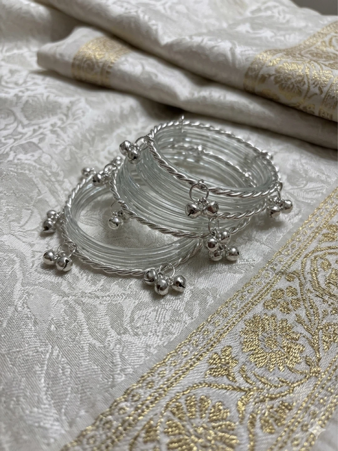 Silver Tone Bangles with Bells and white glass bangles