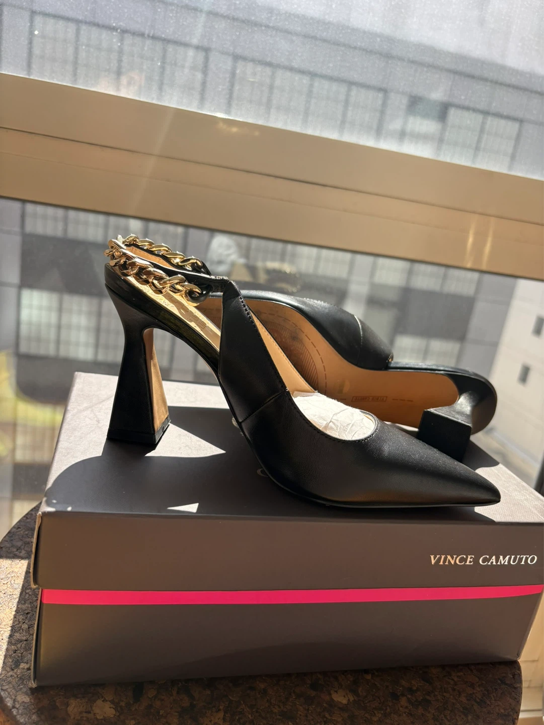 Vince Camuto Black  Heels with Gold Chain Accent - Size 6M - photo 2