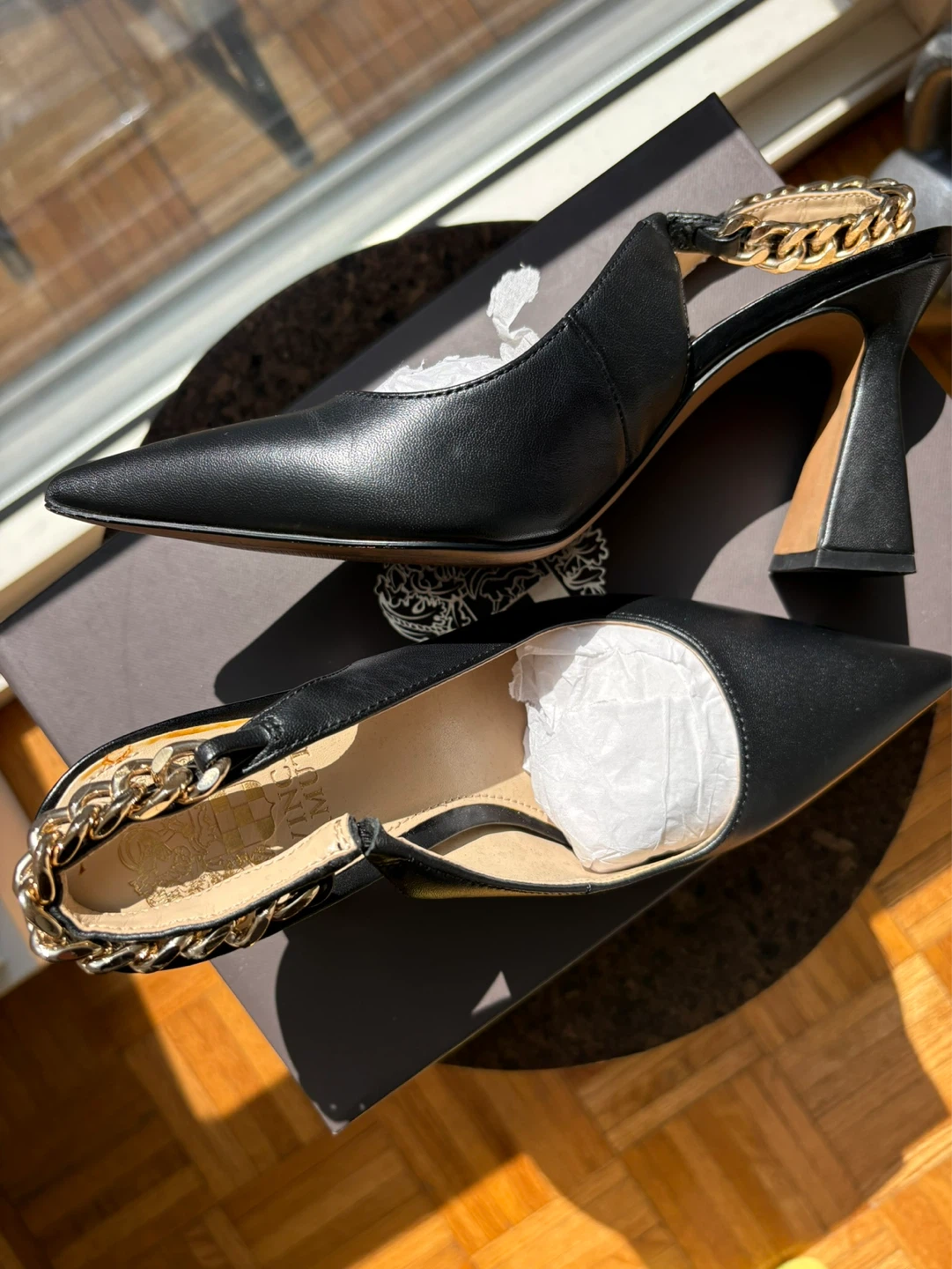 Vince Camuto Black  Heels with Gold Chain Accent - Size 6M