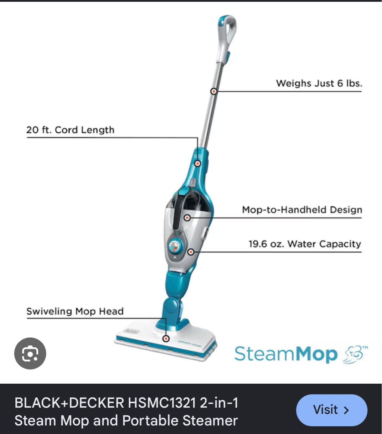 BLACK+DECKER HSMC1321 2-in-1 Steam Mop and Portable Steamer
