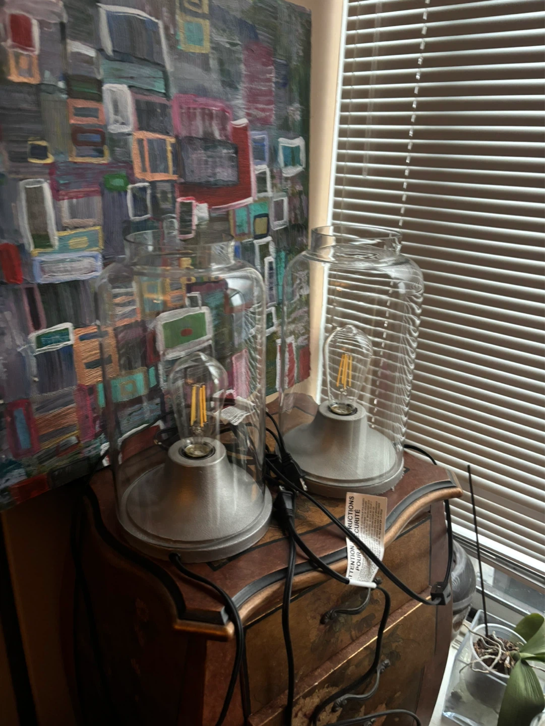 Pair of CB2 industrial cliche lamps