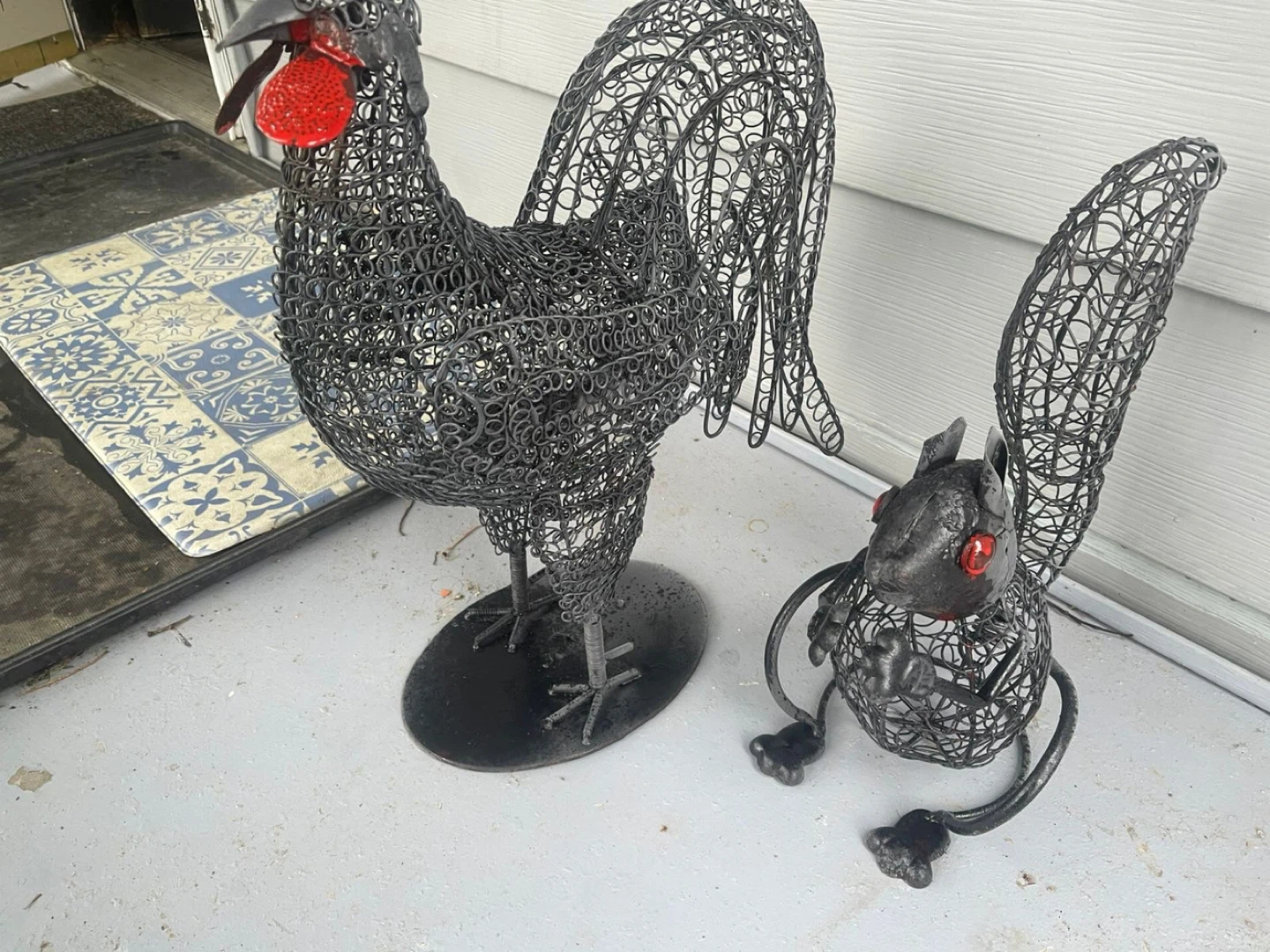 Wireframe Rooster and Squirrel Garden Sculptures