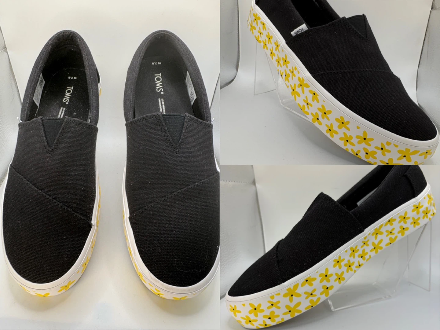 7.5 - TOMS Black Canvas Slip-On Shoes with Yellow Flowers