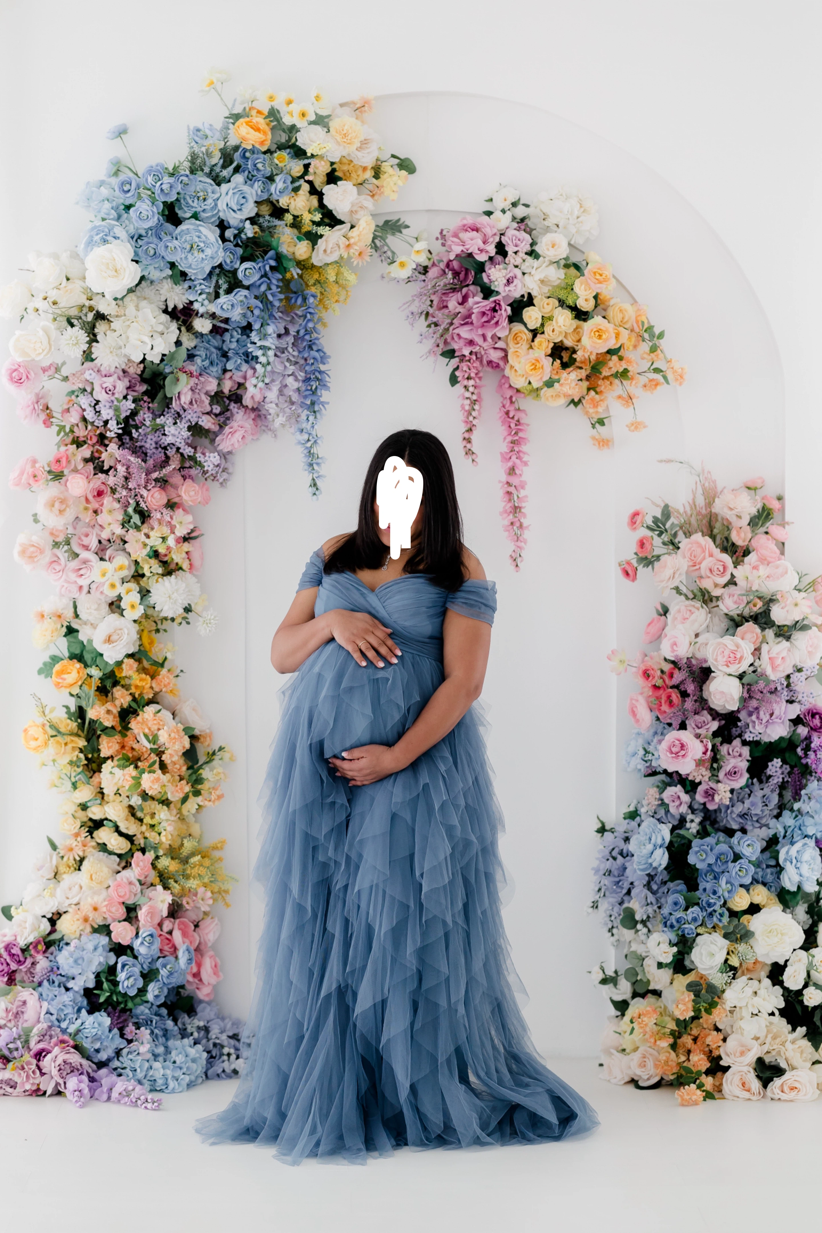 Blue Tulle Off-the-Shoulder Maternity Gown