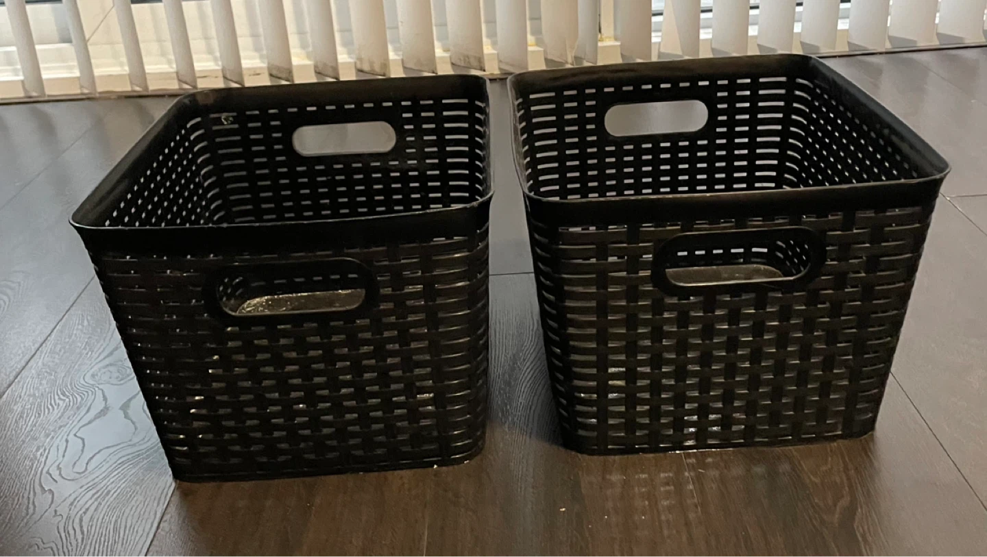 Black Plastic Storage Baskets with Handles (2)