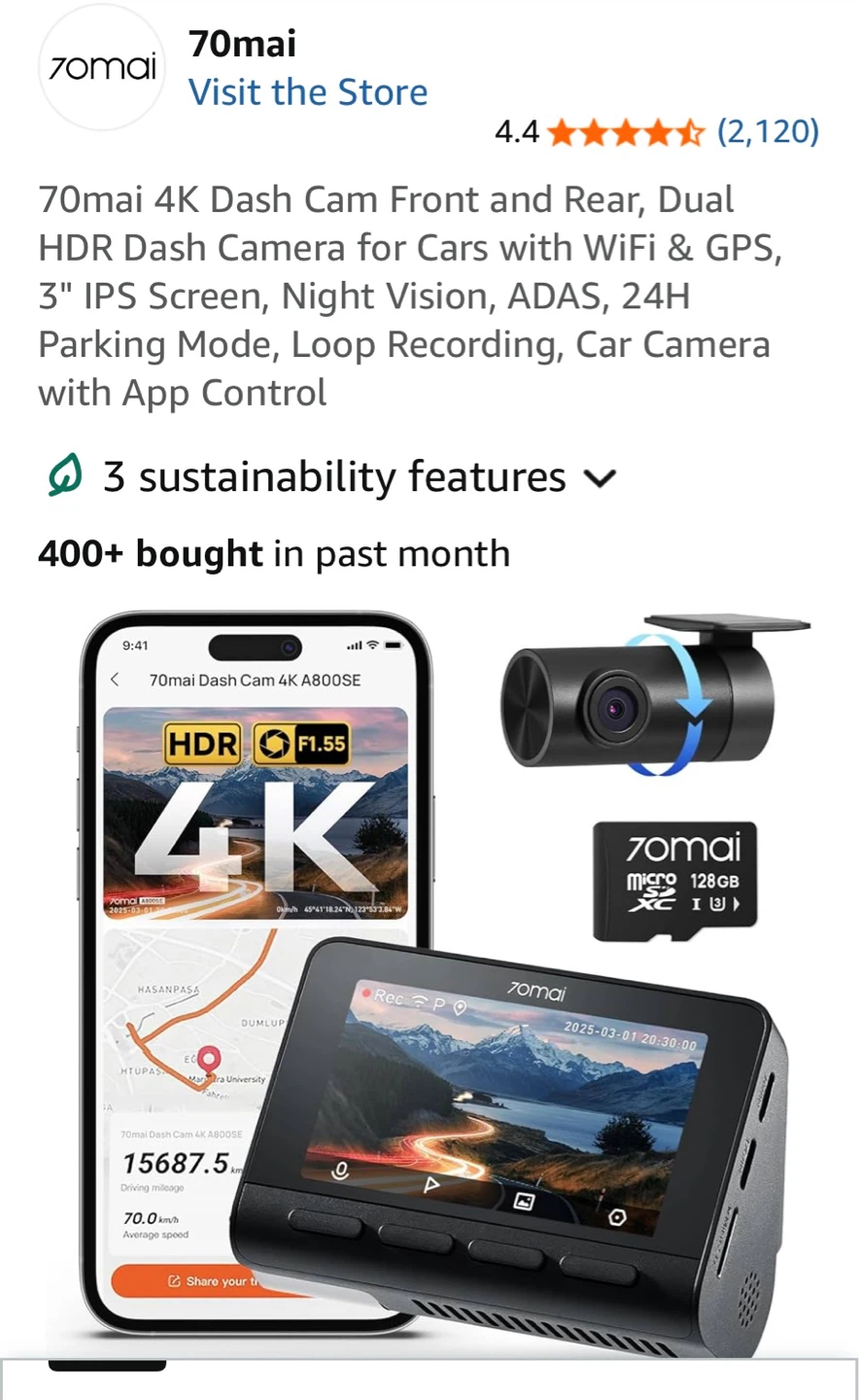 70mai 4K Dash Cam A800SE Set with WiFi & GPS - photo 2