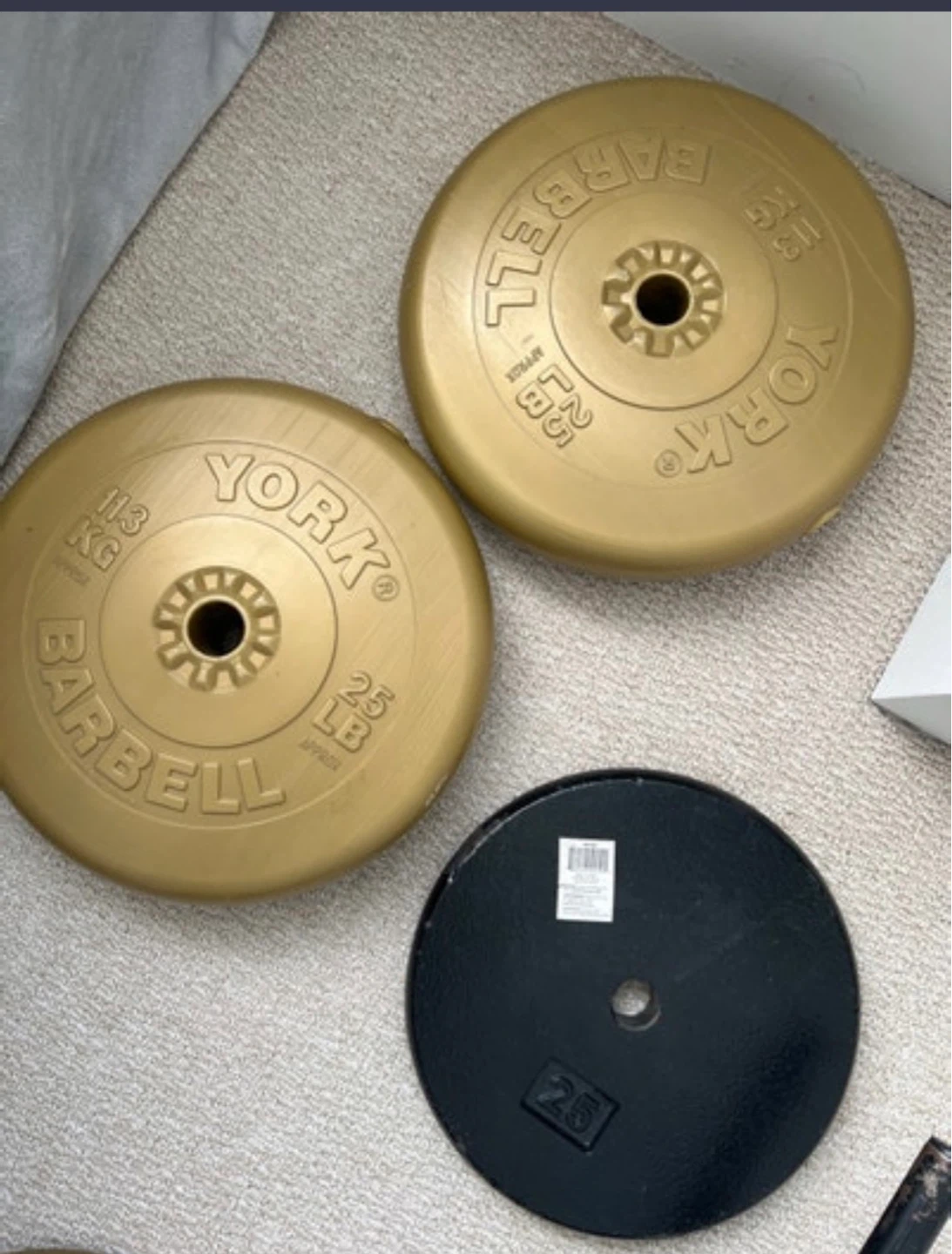 York Barbell Weight Plates - 2 x 25lb Gold, 1 x 25lb Black