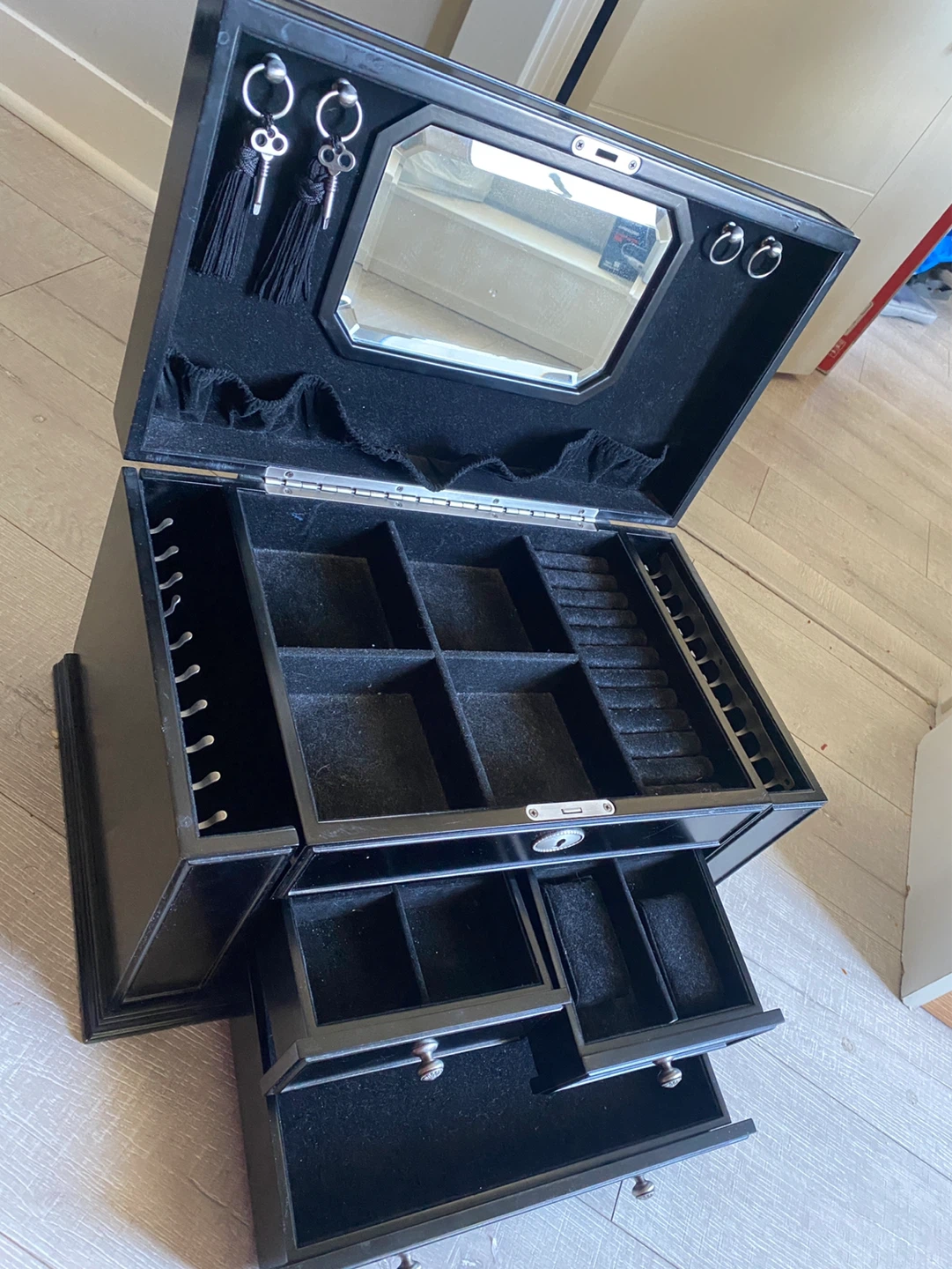 Black Jewellery Box with Mirror and Drawers