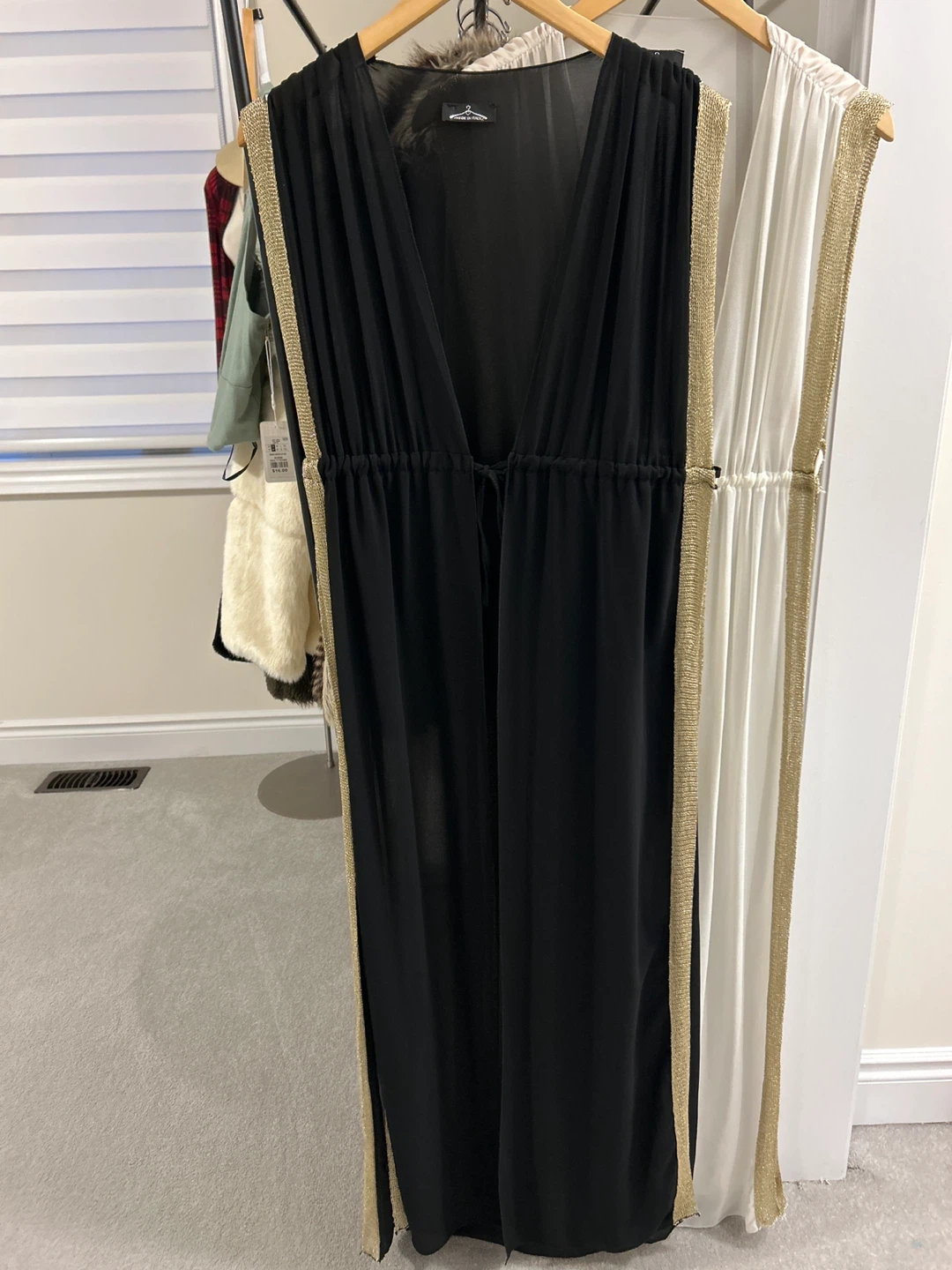 Black sheer kimono with gold trim and white