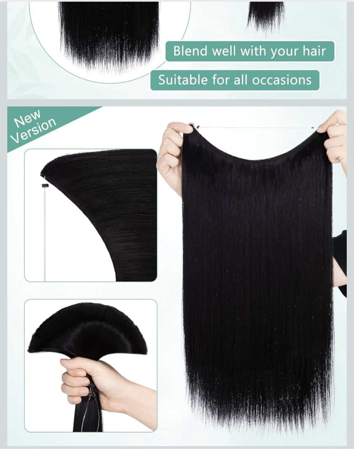 Invisible Wire Hair Extensions Halo Hair Piece - 20 Inch Black