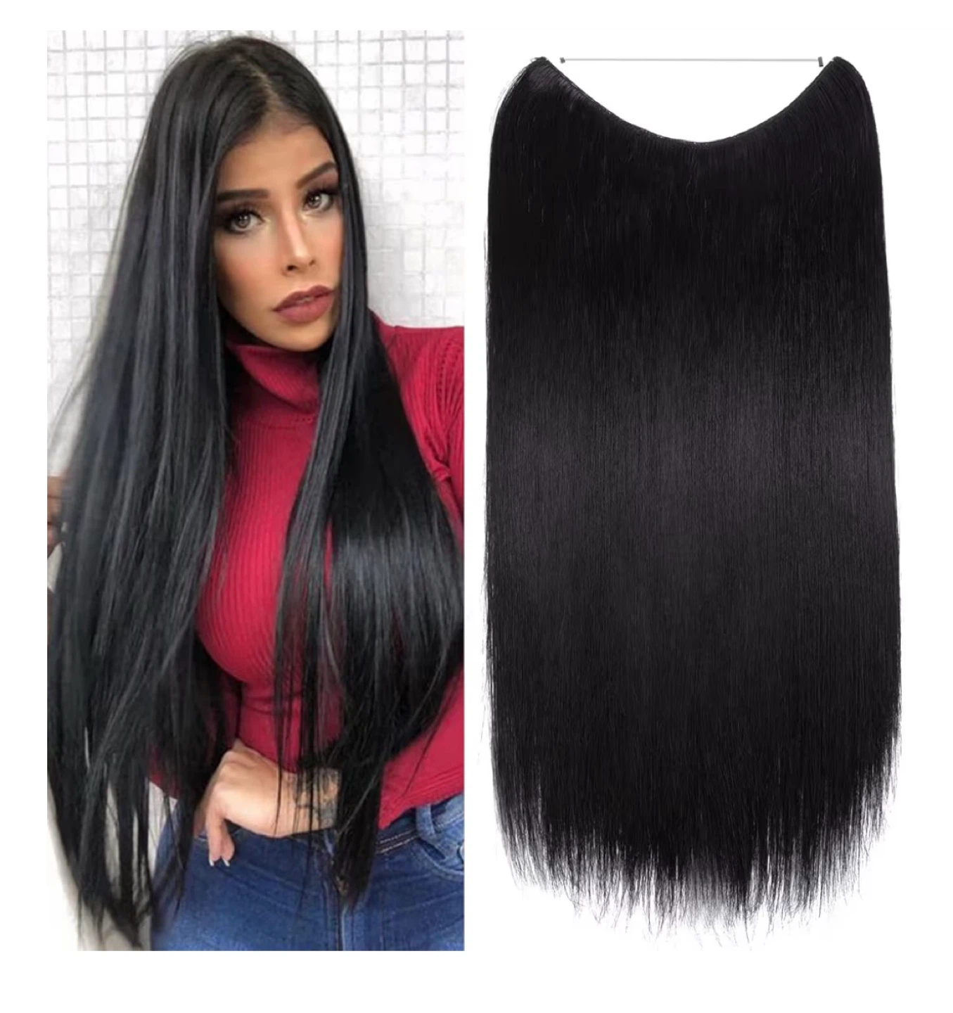 Invisible Wire Hair Extensions Halo Hair Piece - 20 Inch Black - photo 3