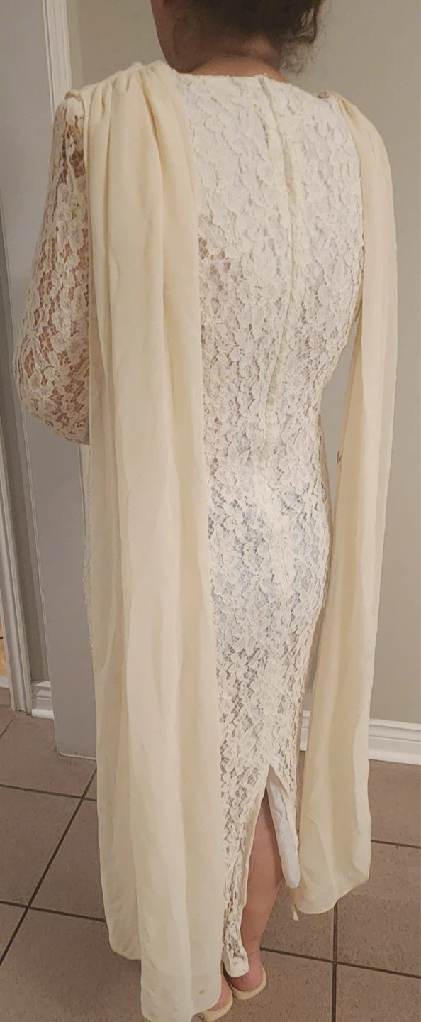 Women's Cream Lace Long Sleeve Dress with Chiffon Overlay