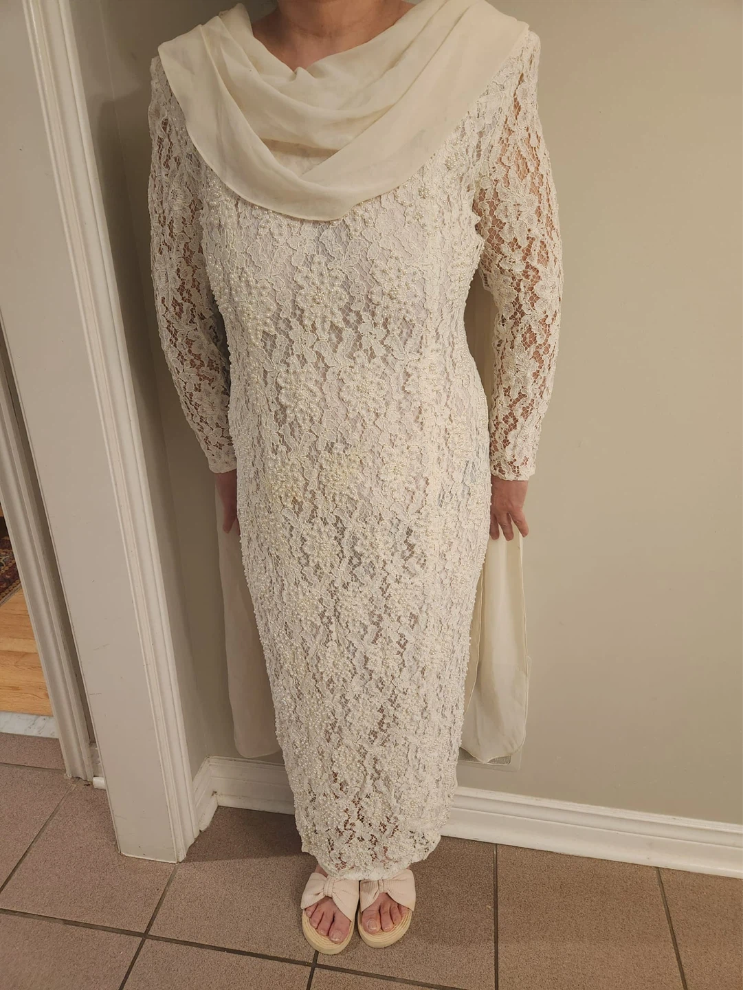 Women's Cream Lace Long Sleeve Dress with Chiffon Overlay - photo 2