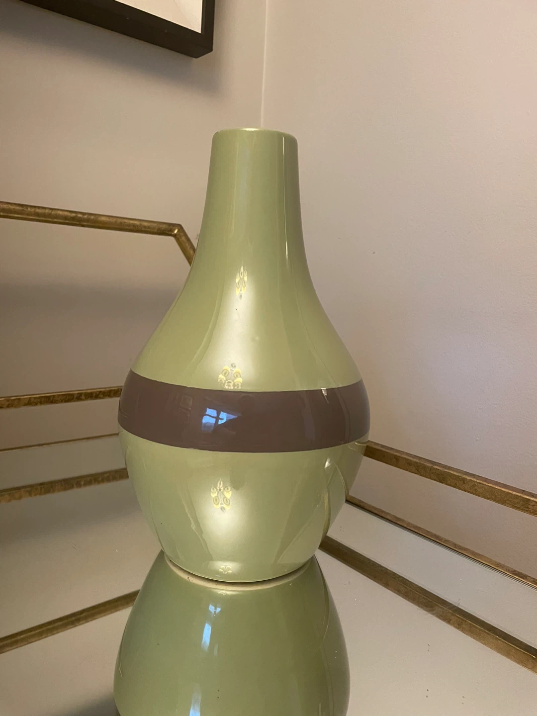 Pale Green and Brown Striped Ceramic Vase