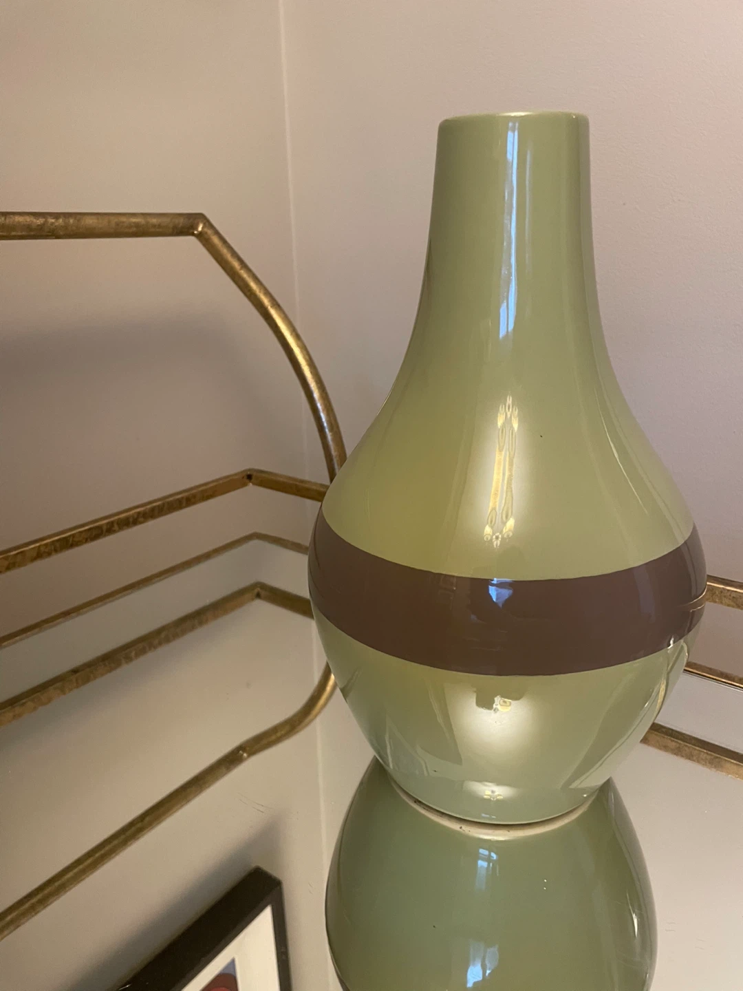 Pale Green and Brown Striped Ceramic Vase - photo 3