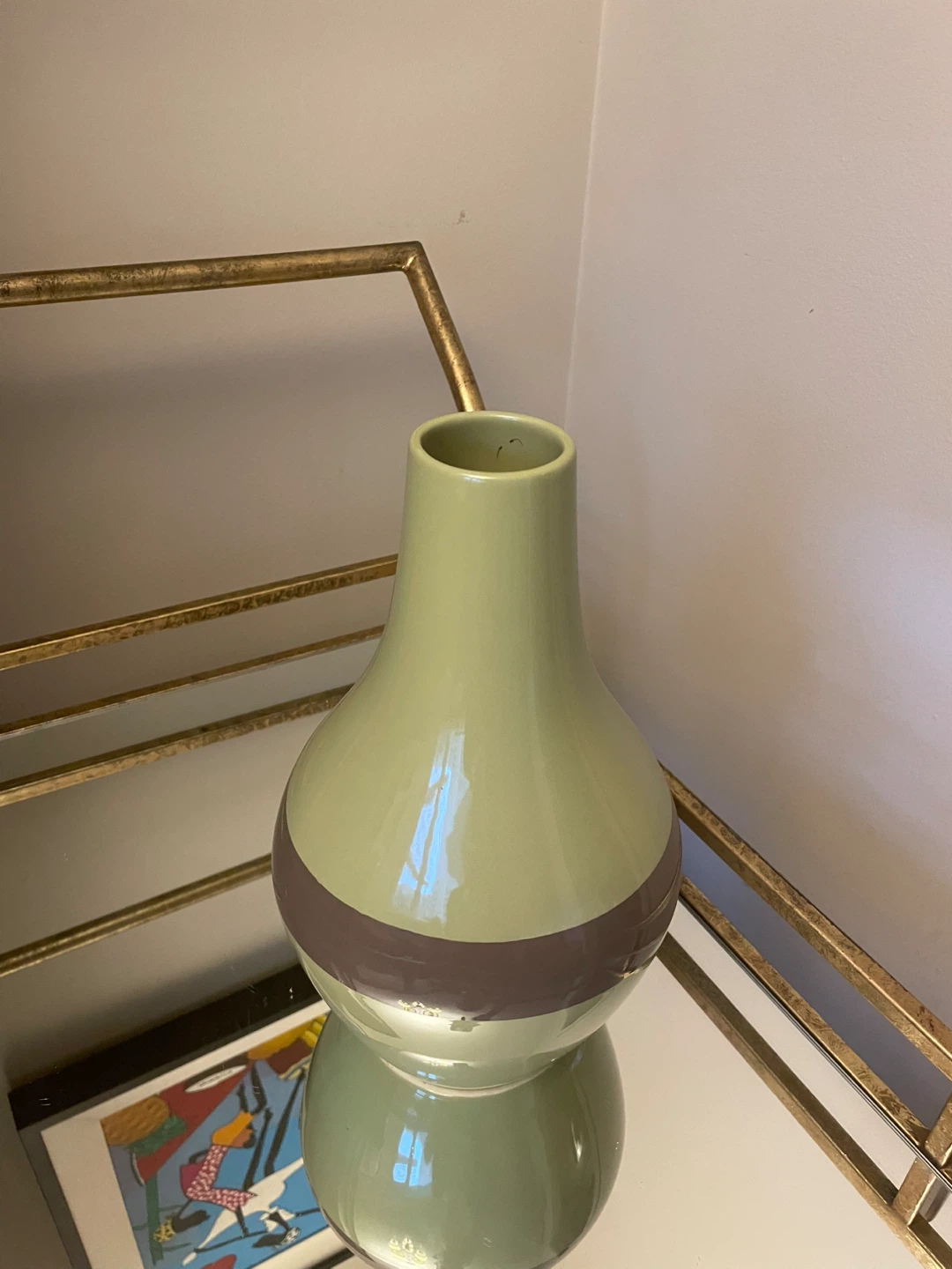 Pale Green and Brown Striped Ceramic Vase - photo 2