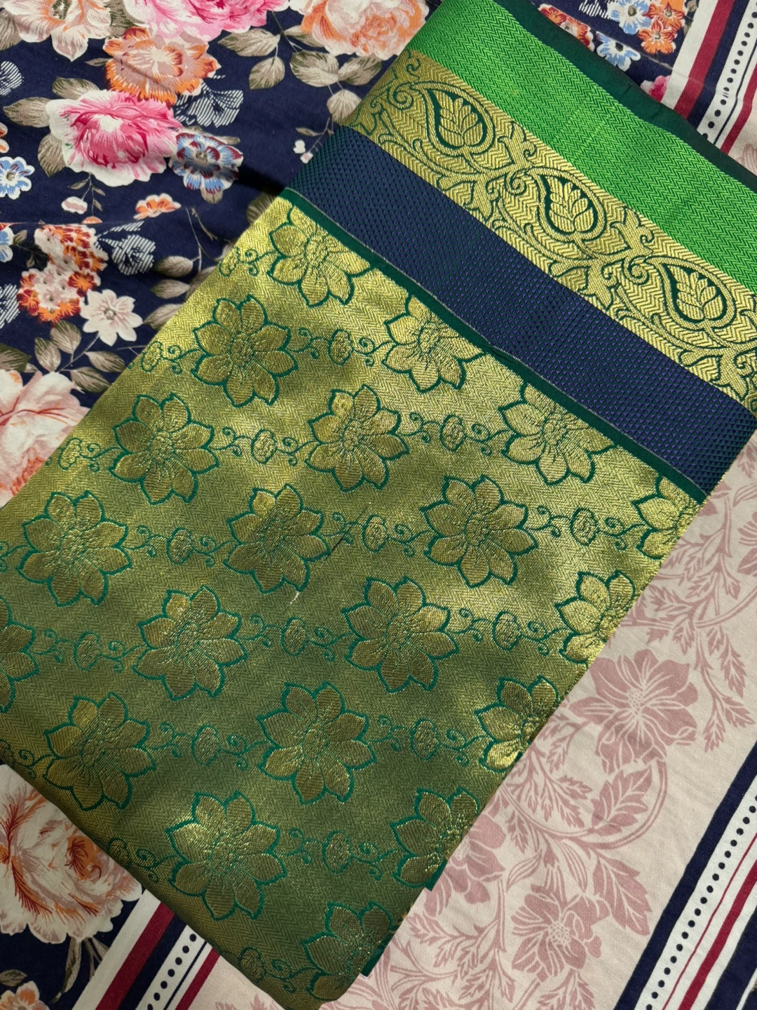 Green and Gold Silk Saree with Floral and Paisley Design