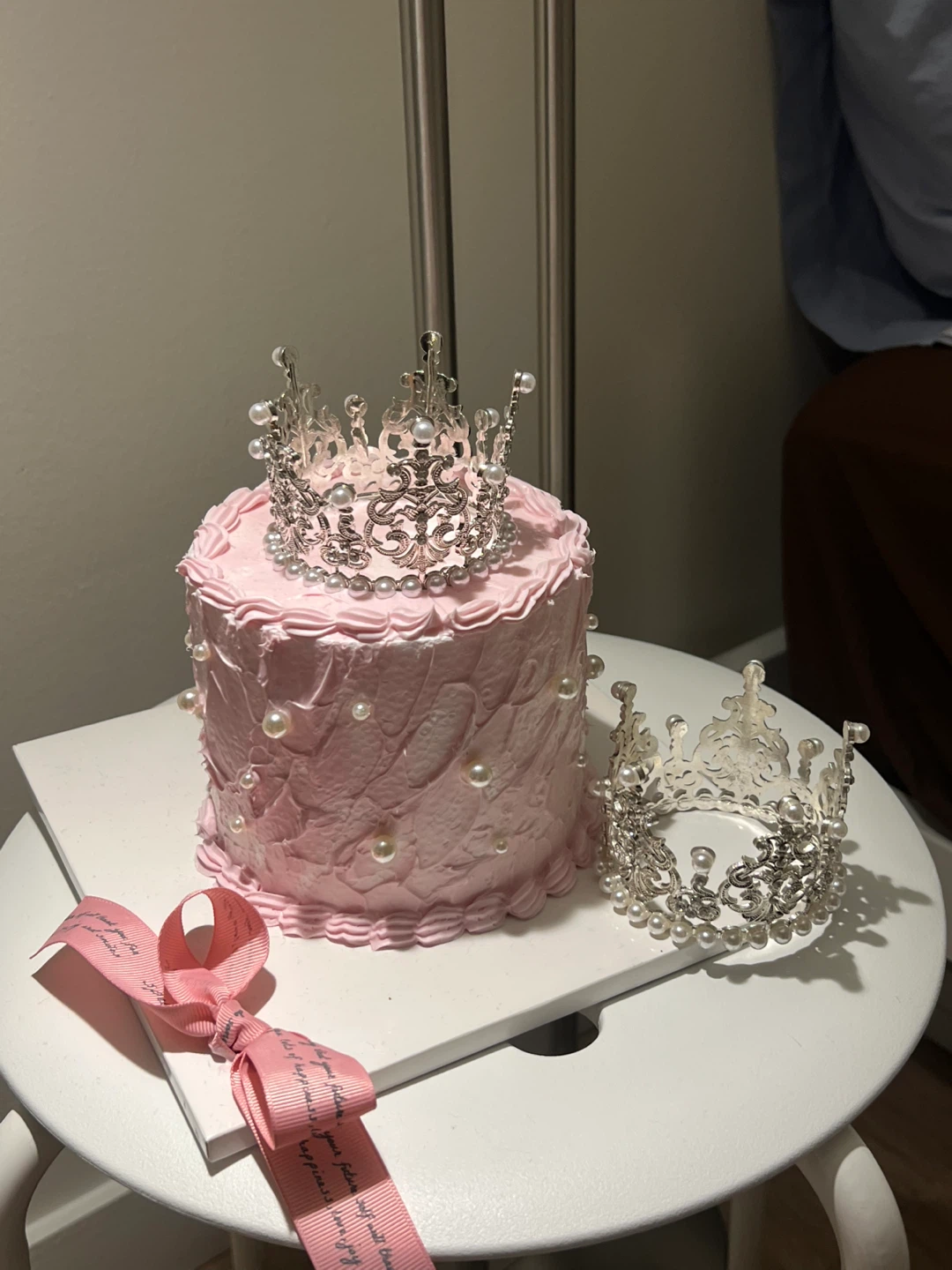 Pink Cake with Pearl and Crown Decorations