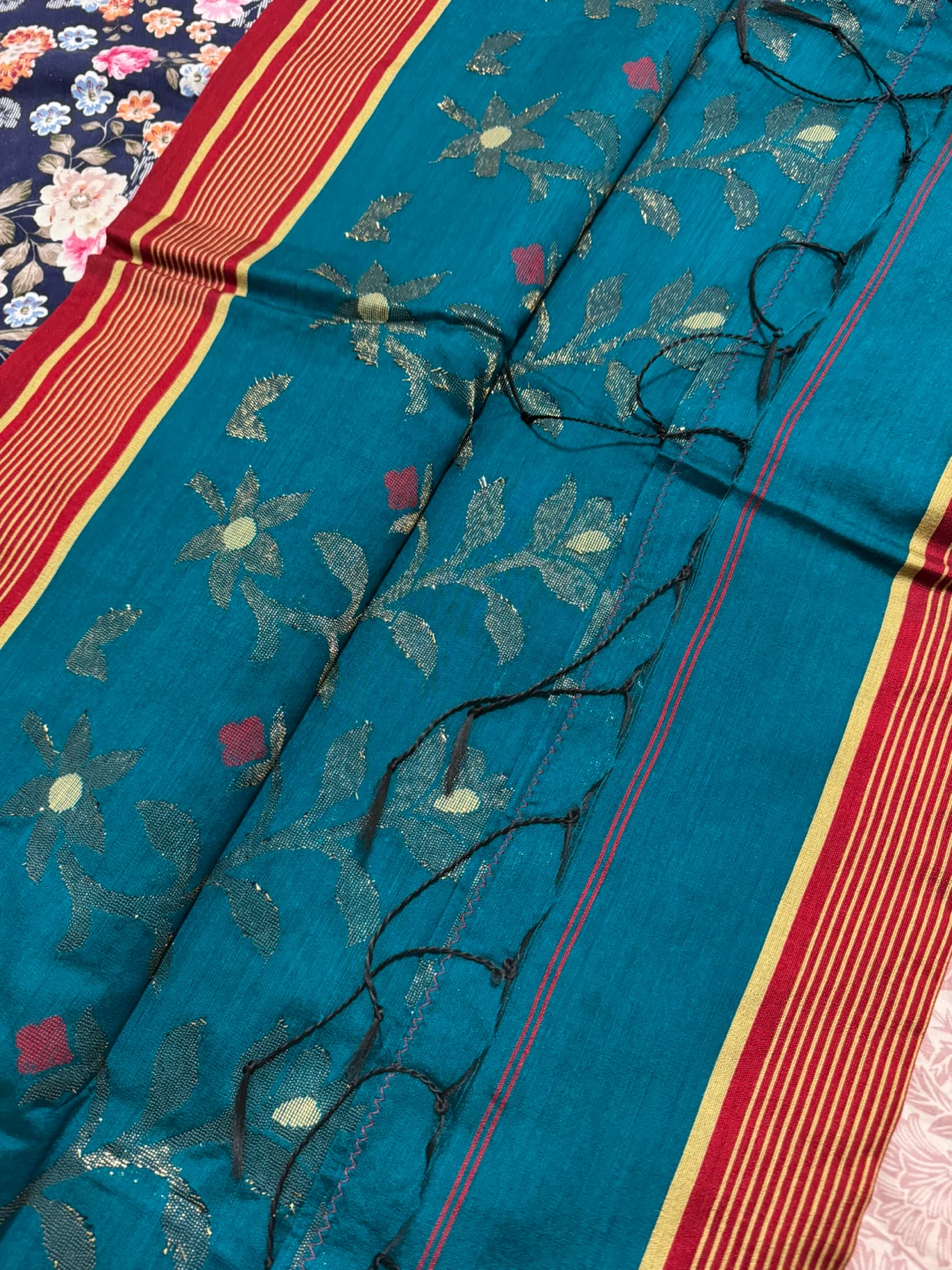 Teal saareeee with gold floral pattern