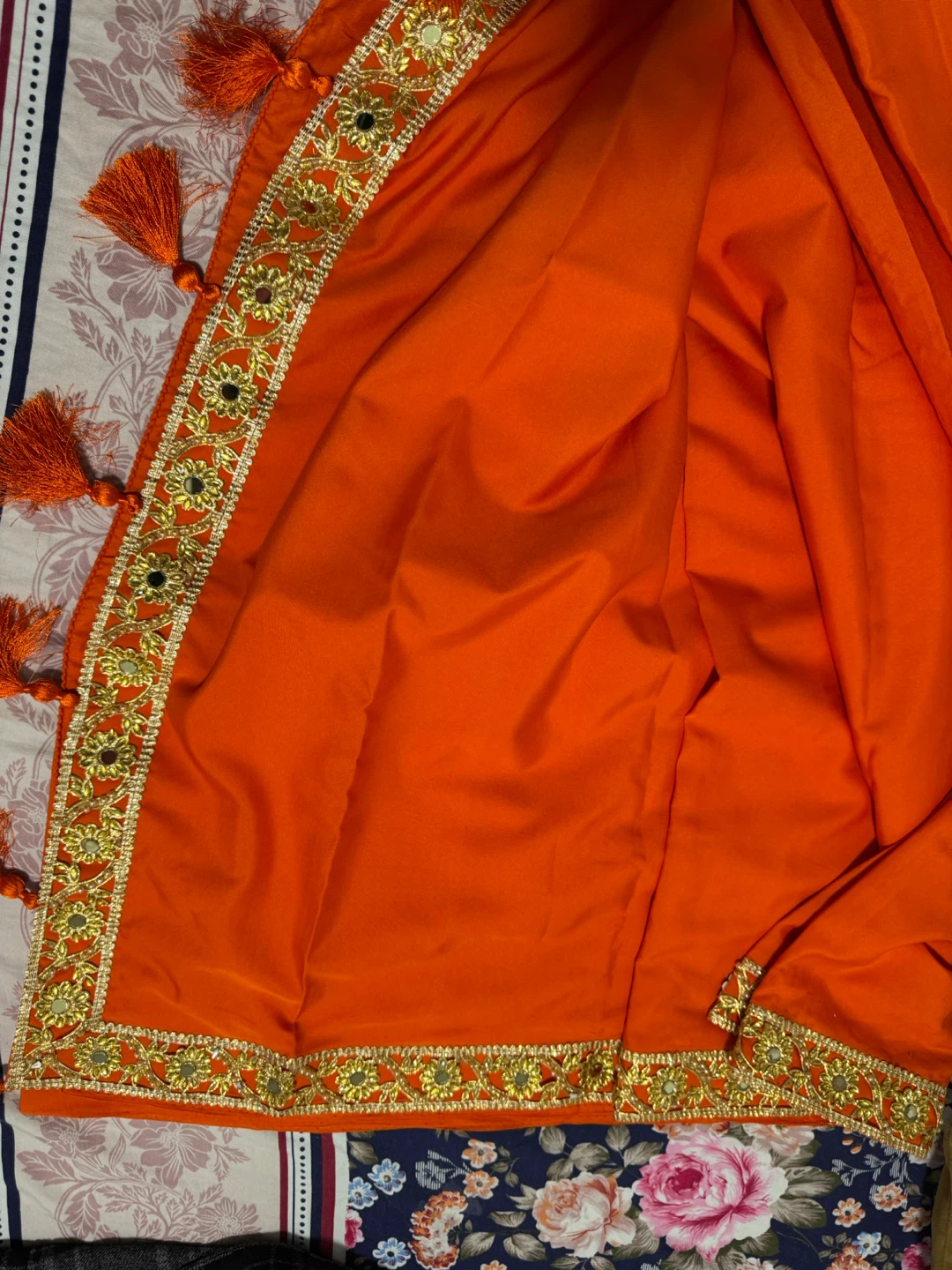 Orange Embroidered Saareee with Tassels - photo 4