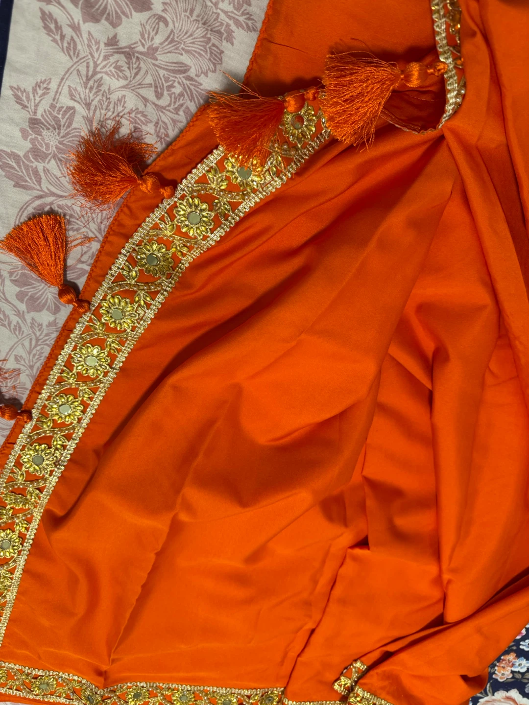 Orange Embroidered Saareee with Tassels - photo 5