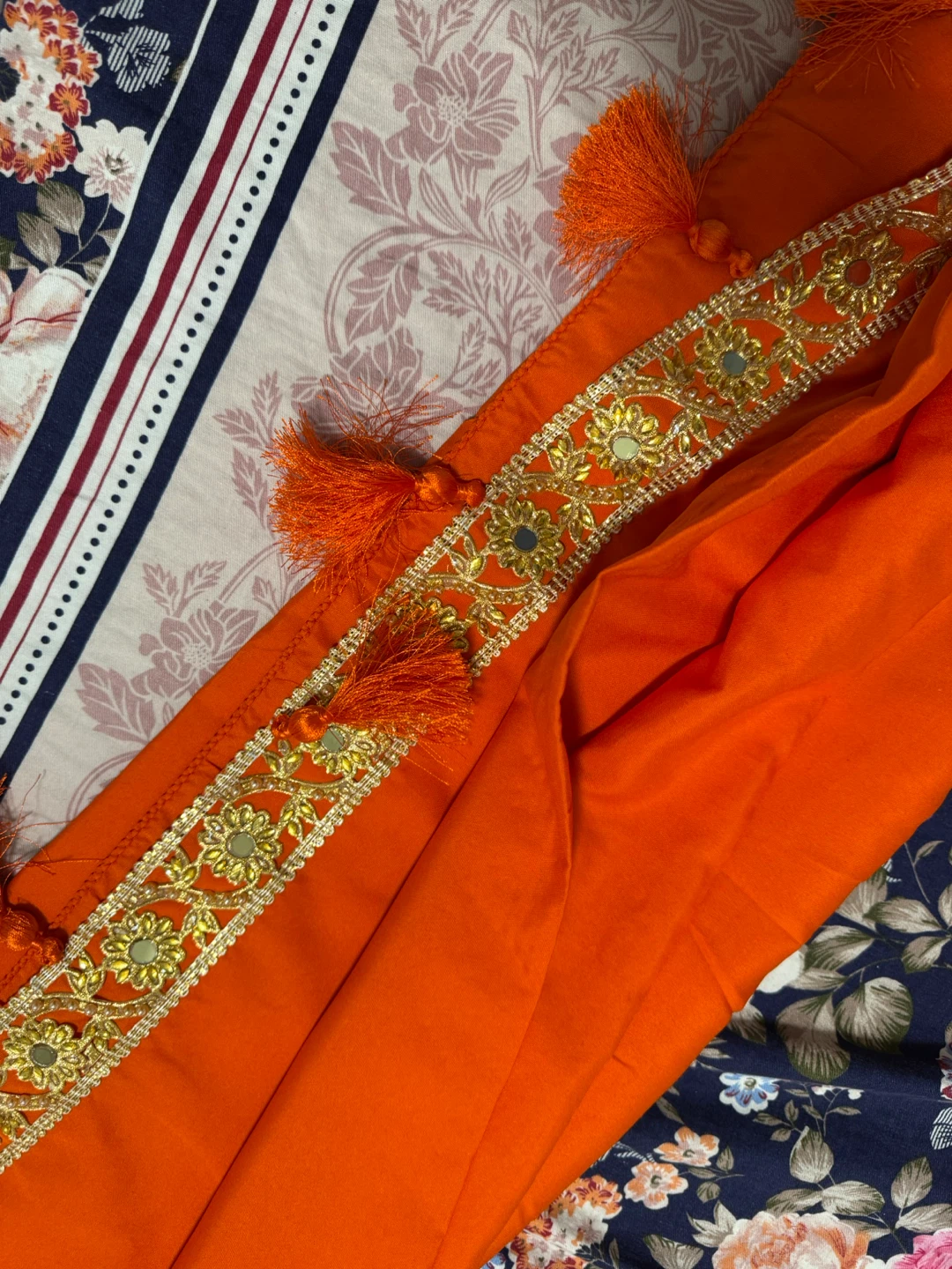 Orange Embroidered Saareee with Tassels
