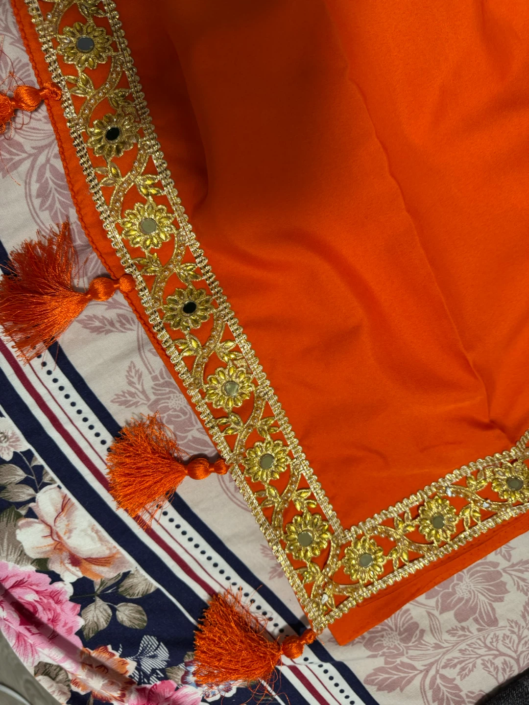 Orange Embroidered Saareee with Tassels - photo 3
