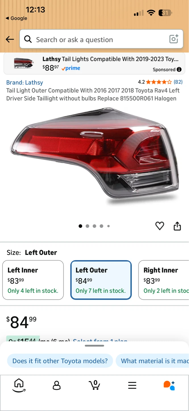 Lathsy Left Outer Tail Light for Toyota Rav4 2016-2018