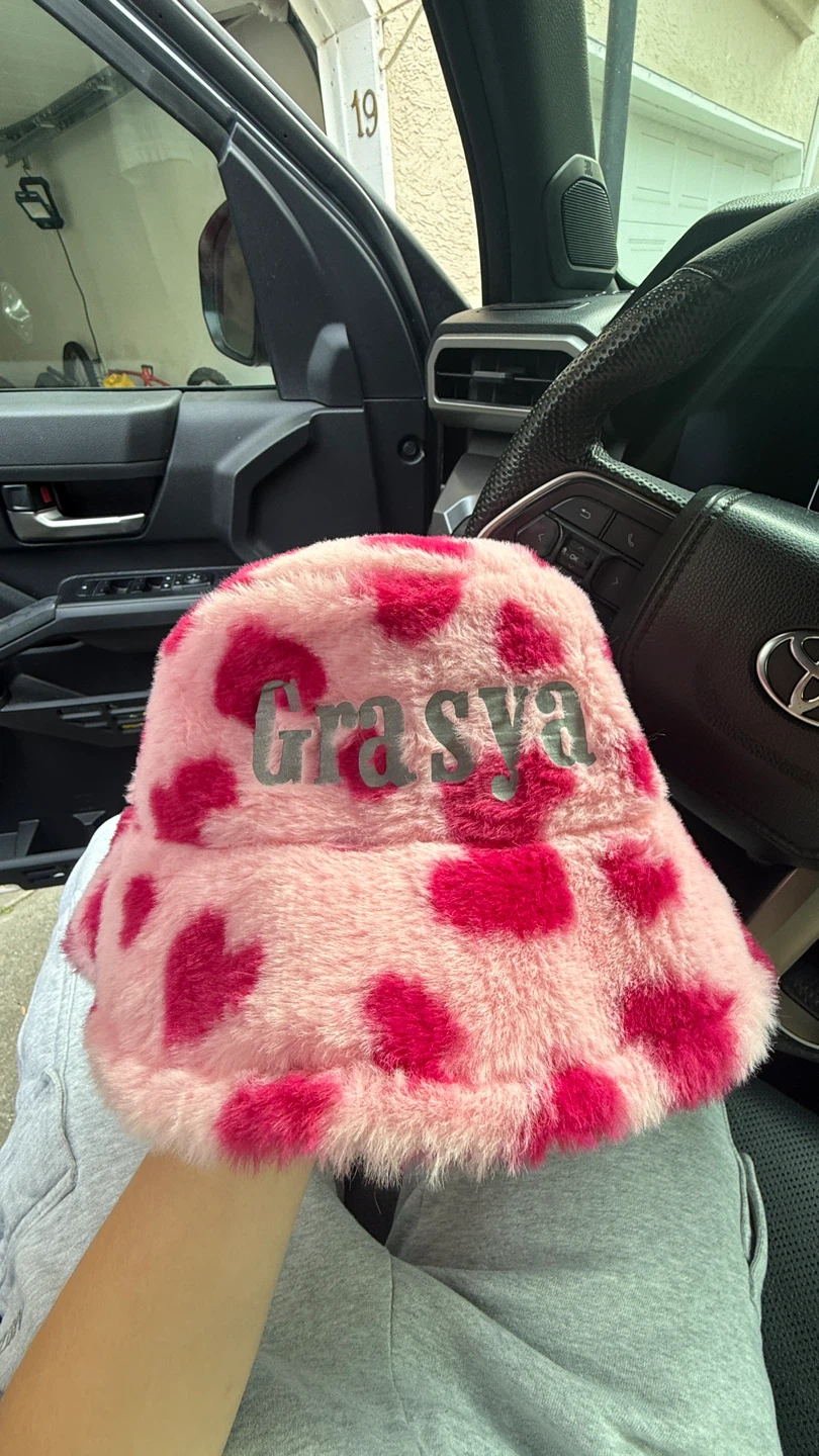 Pink Fuzzy Bucket Hat with Pink Hearts