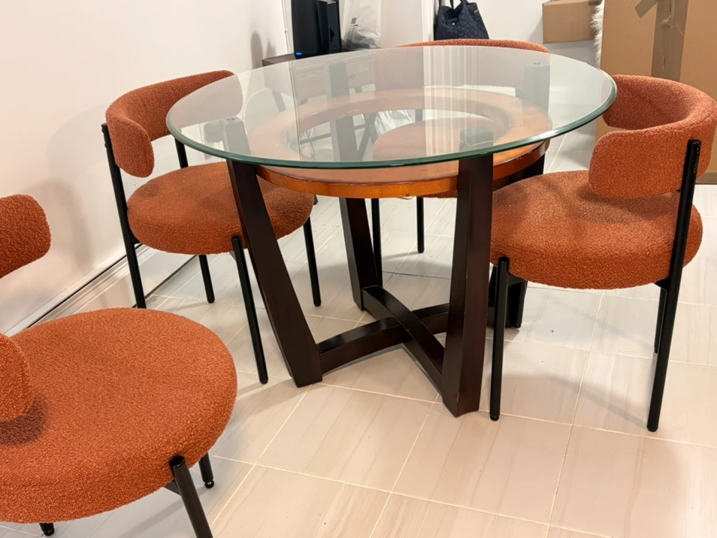 Round Glass Top Dining Table with 4 Orange Boucle Chairs - photo 2
