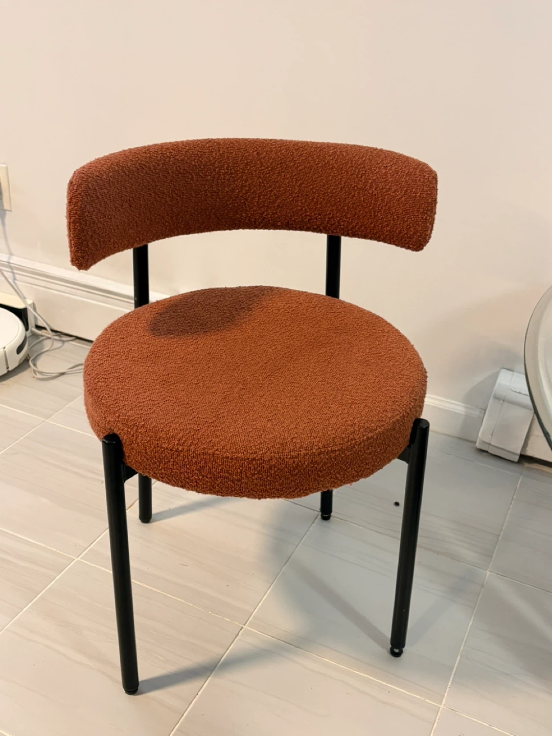 Round Glass Top Dining Table with 4 Orange Boucle Chairs - photo 4