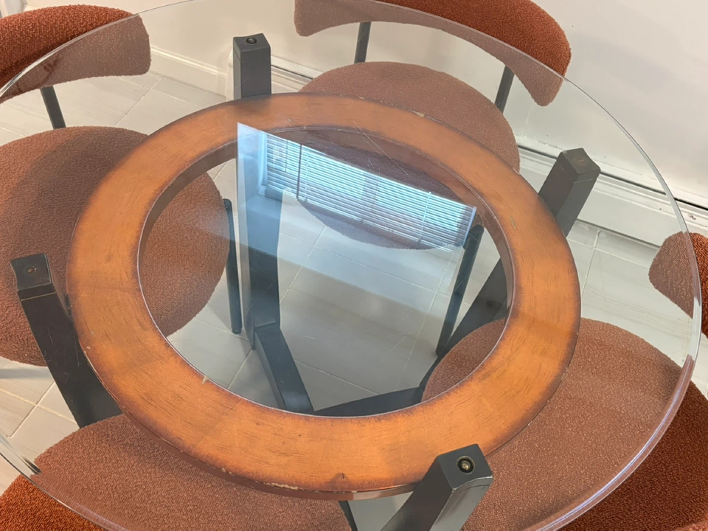 Round Glass Top Dining Table with 4 Orange Boucle Chairs - photo 3