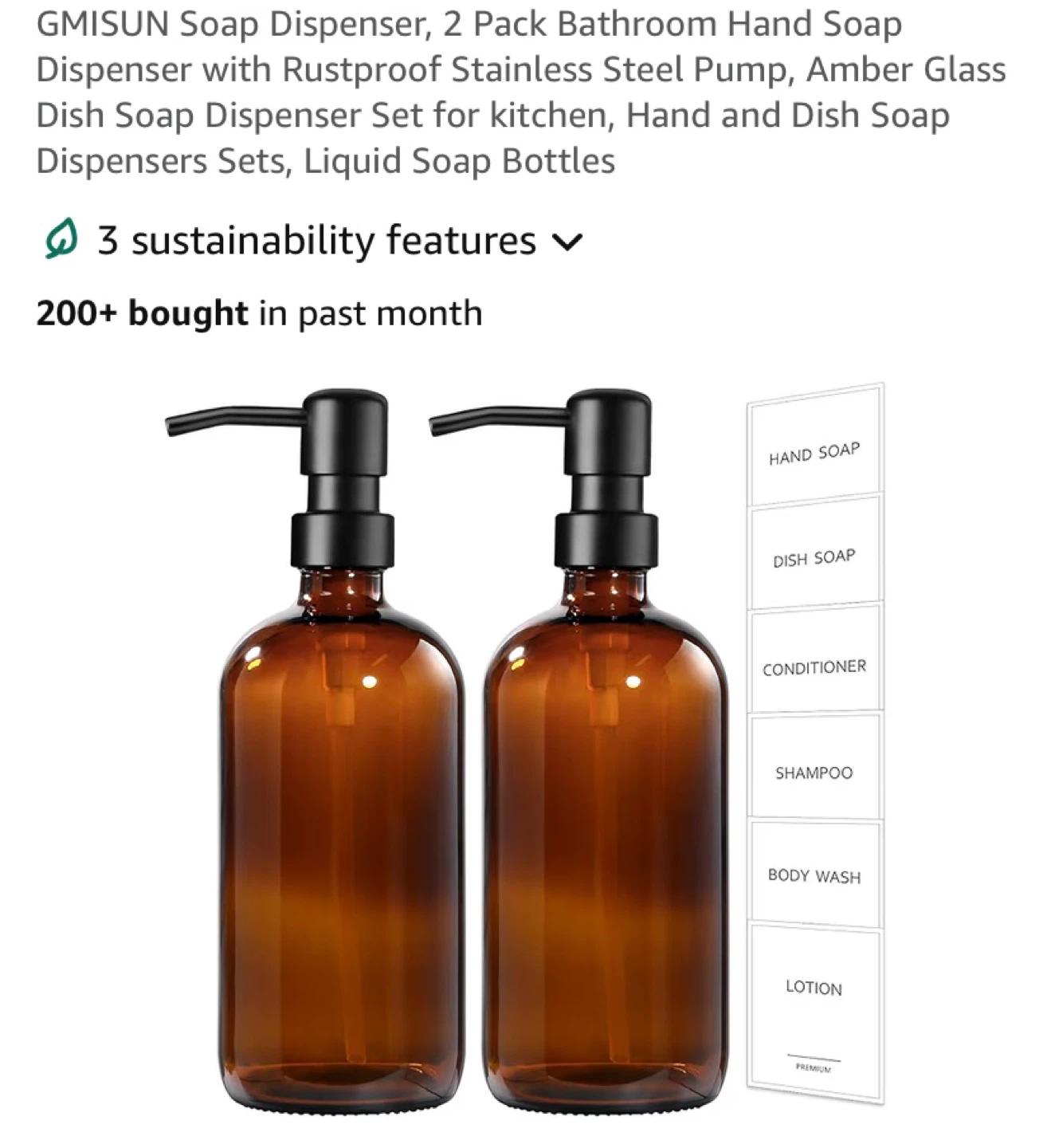 New 2 Amber Glass Soap Dispensers with Labels - photo 5