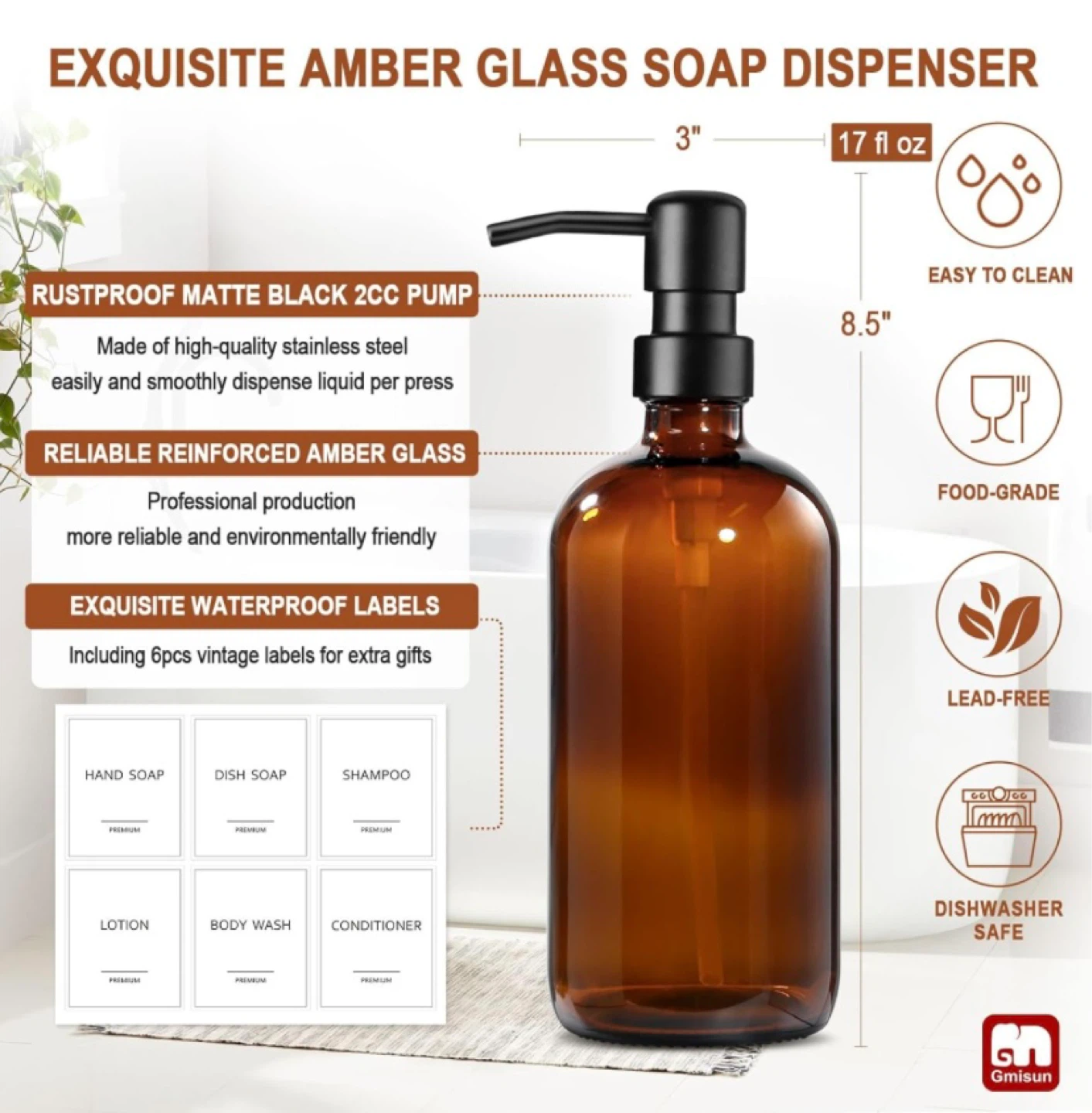 New 2 Amber Glass Soap Dispensers with Labels - photo 3