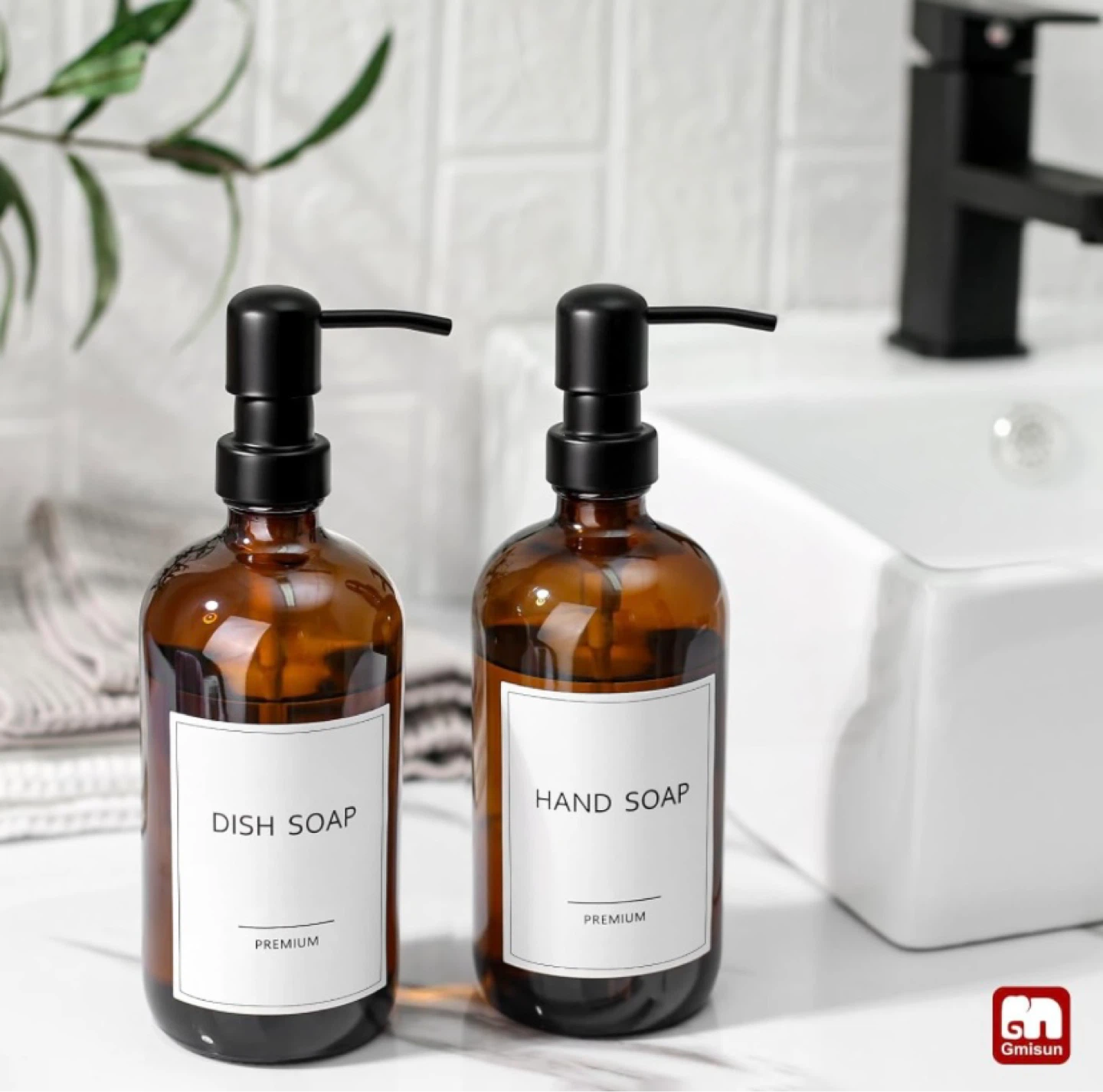 New 2 Amber Glass Soap Dispensers with Labels - photo 2