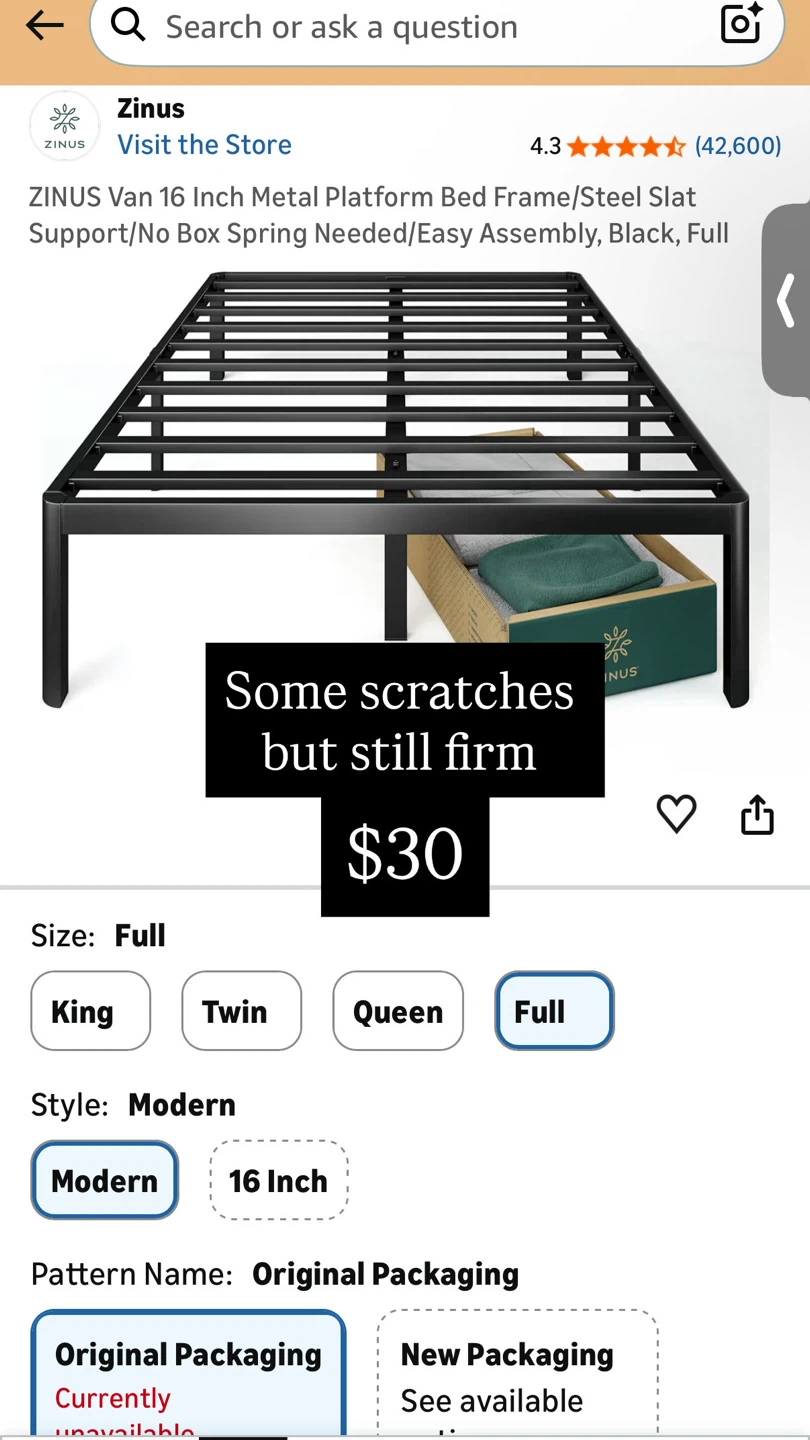 Zinus Van 16 Inch Full Size Metal Platform Bed Frame - Black
