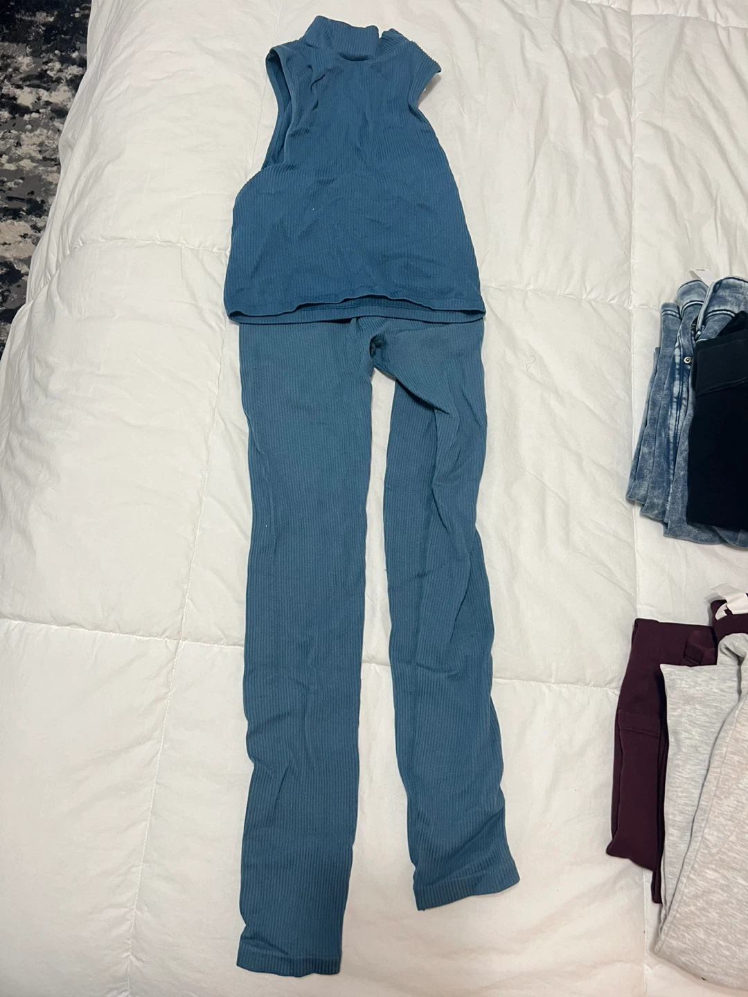 Zara Blue Ribbed Mock Neck Tank Top and Leggings Set