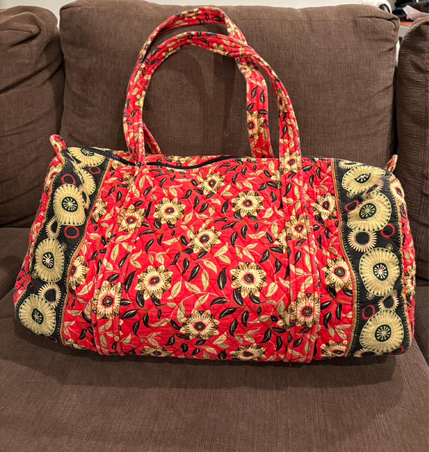 Maggi B Red Cotton Quilted Floral Duffle Shoulder Bag