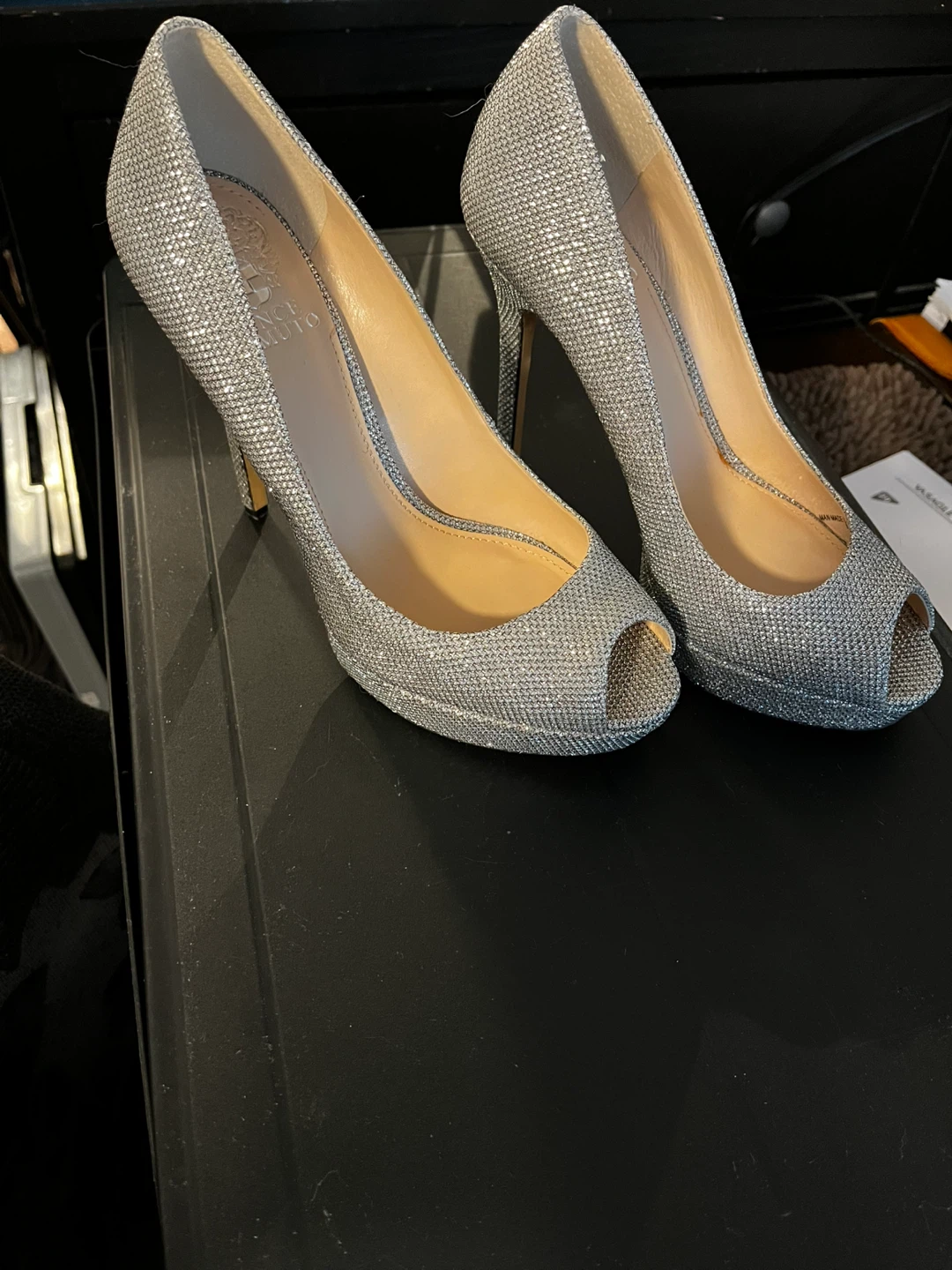 Vince Camuto Silver Glitter Peep-Toe Heels