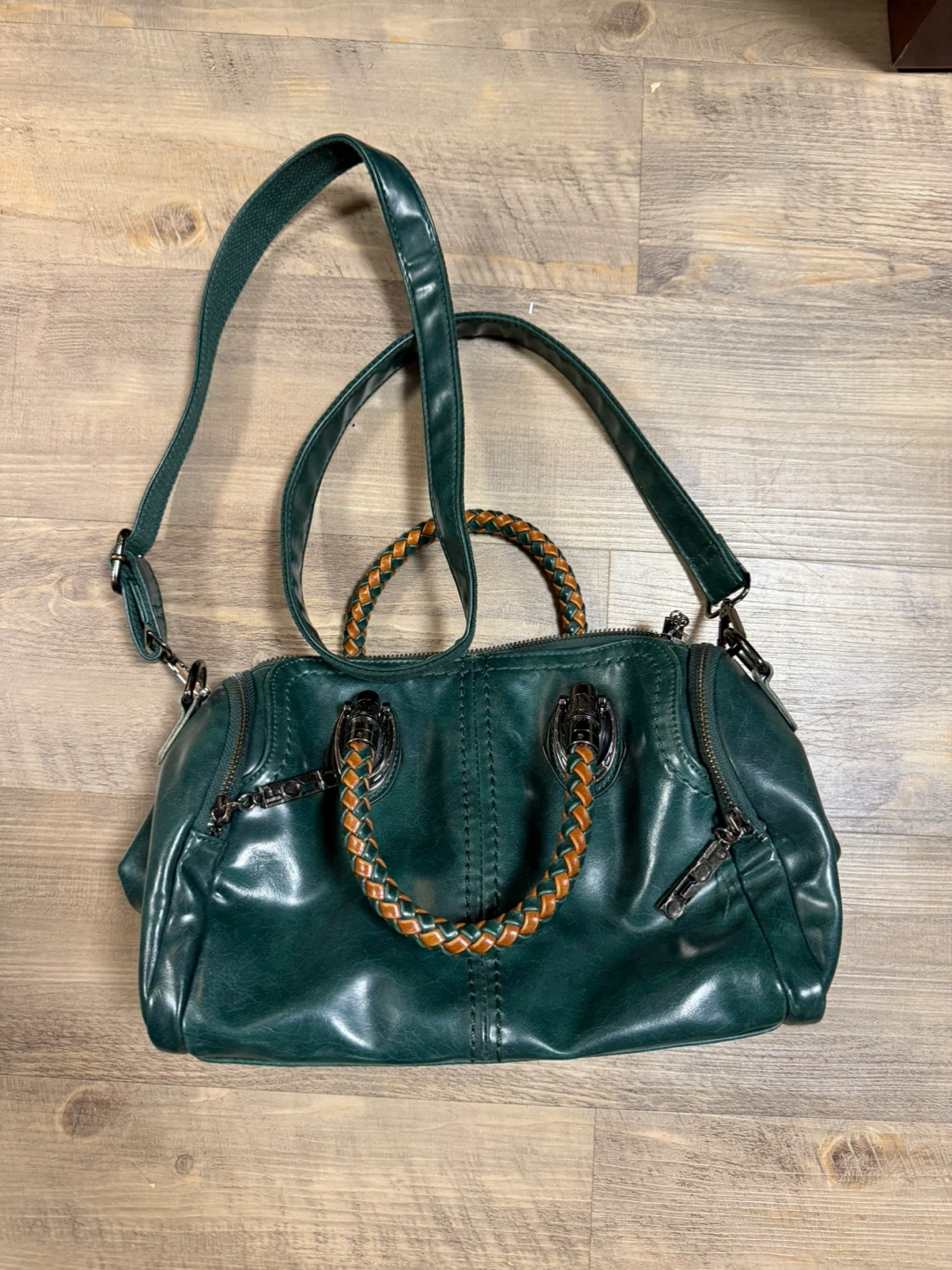 Green Faux Leather Satchel Handbag with Braided Handles