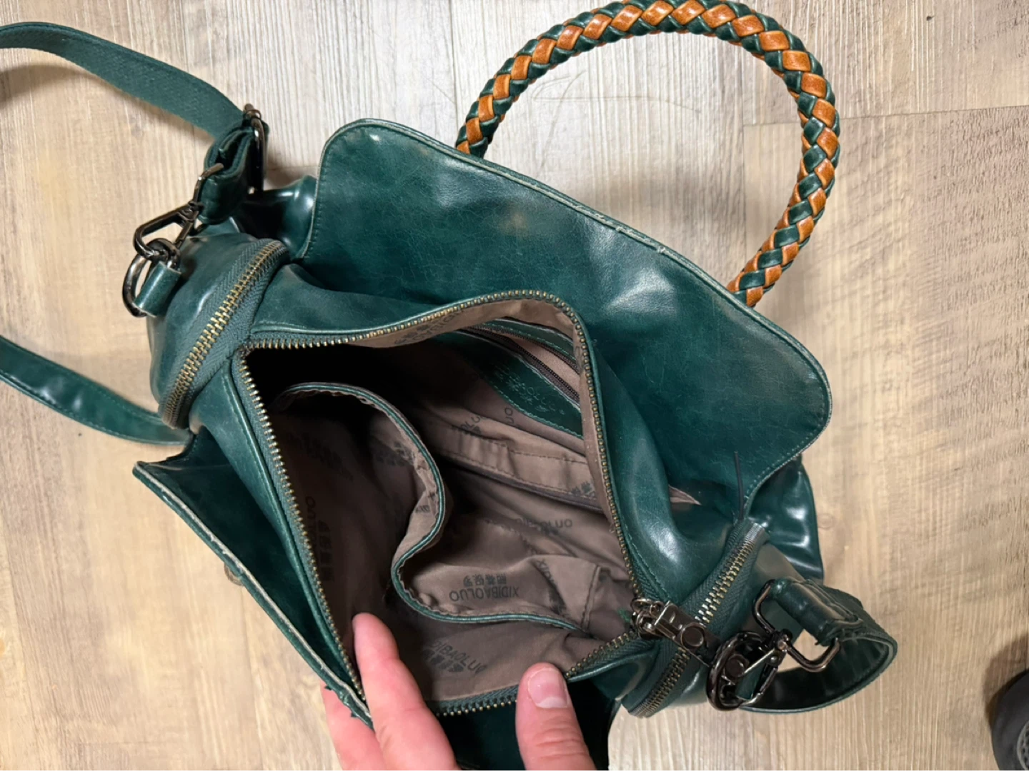 Green Faux Leather Satchel Handbag with Braided Handles - photo 3